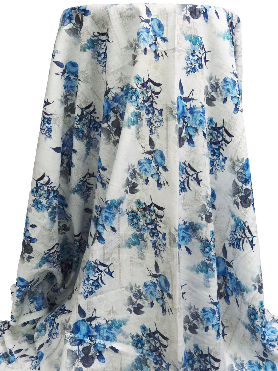 White/Azure Blue/Dark Slate Blue/Multi 100% Rayon Ornate On Floral Print Challis 53W