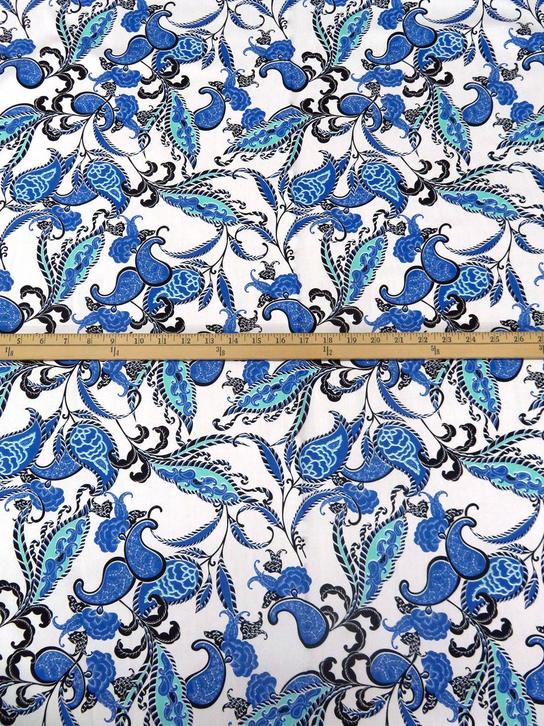 White/Dark Cornflower Blue/Black/Multi 100% Cotton Paisley Folk Floral Print Lawn 58W