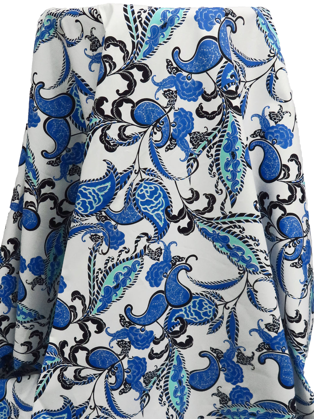 White/Dark Cornflower Blue/Black/Multi 100% Cotton Paisley Folk Floral Print Lawn 58W