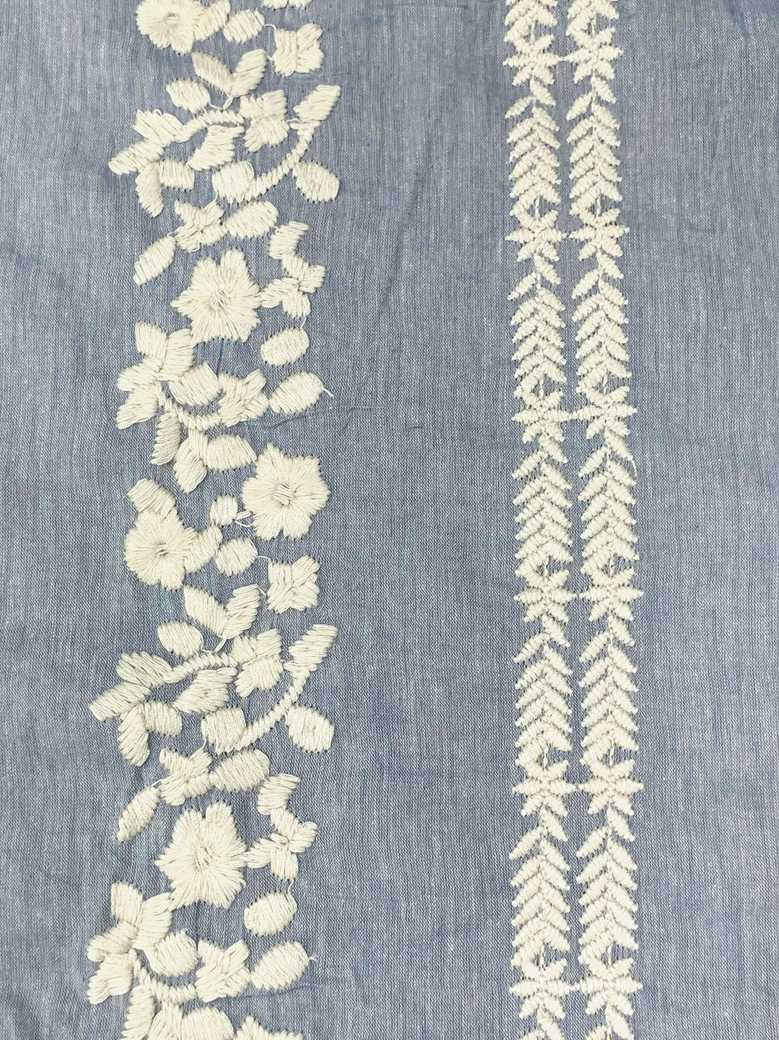 Light Wash Blue/Off-White 100% Cotton/100% Polyester Embroidered Vertical Floral Stripe Chambray Voile 52W