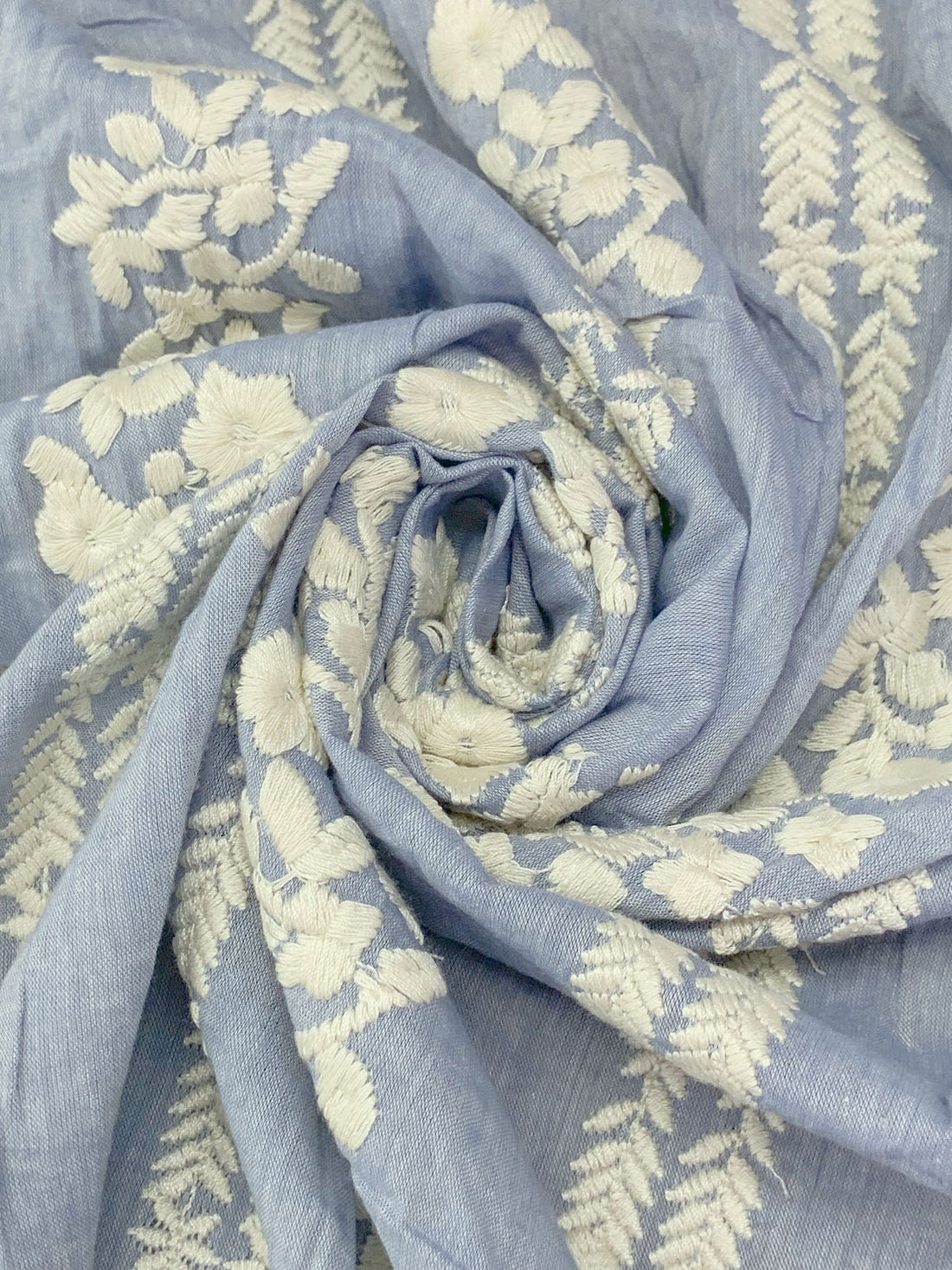 Light Wash Blue/Off-White 100% Cotton/100% Polyester Embroidered Vertical Floral Stripe Chambray Voile 52W