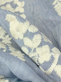 Light Wash Blue/Off-White 100% Cotton/100% Polyester Embroidered Vertical Floral Stripe Chambray Voile 52W