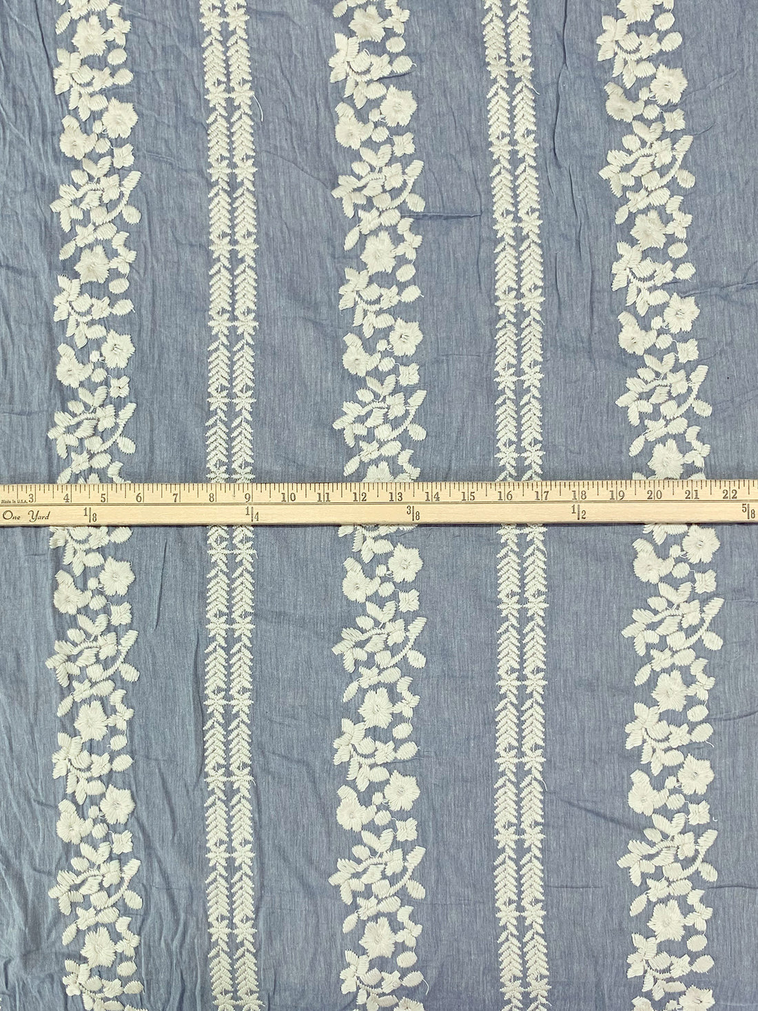 Light Wash Blue/Off-White 100% Cotton/100% Polyester Embroidered Vertical Floral Stripe Chambray Voile 52W
