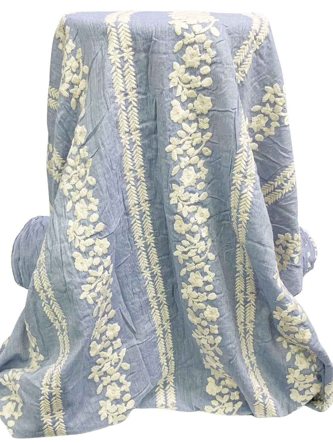 Light Wash Blue/Off-White 100% Cotton/100% Polyester Embroidered Vertical Floral Stripe Chambray Voile 52W