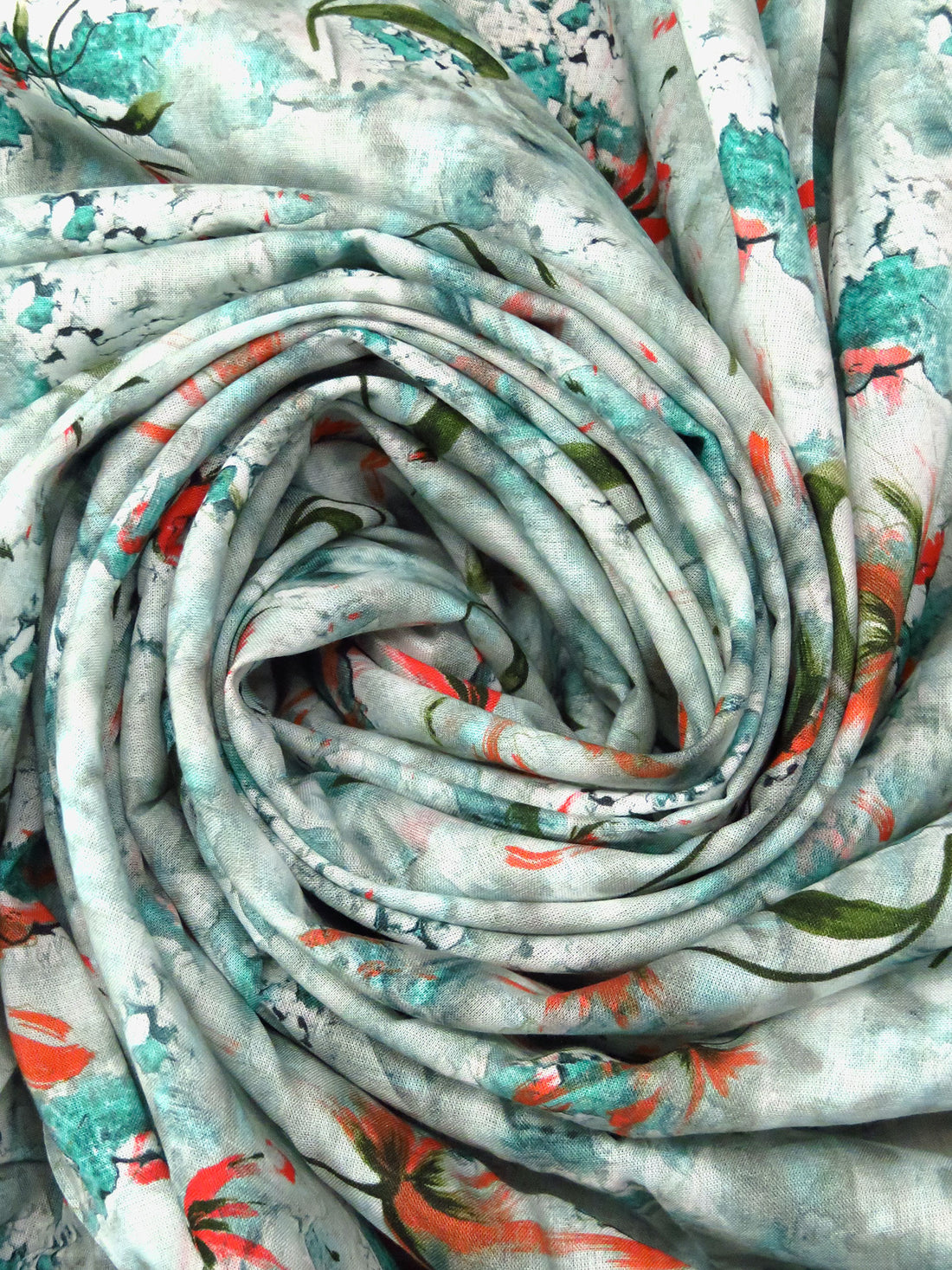 Turquoise/Glazed Persimmon/White/Multi 100% Rayon Abstract Floral Print Voile 57W