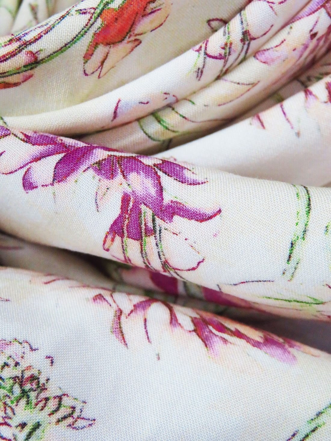 Cream/Bud Green/Sky Magenta/Multi 100% Rayon Floral Vine Print Challis 56W