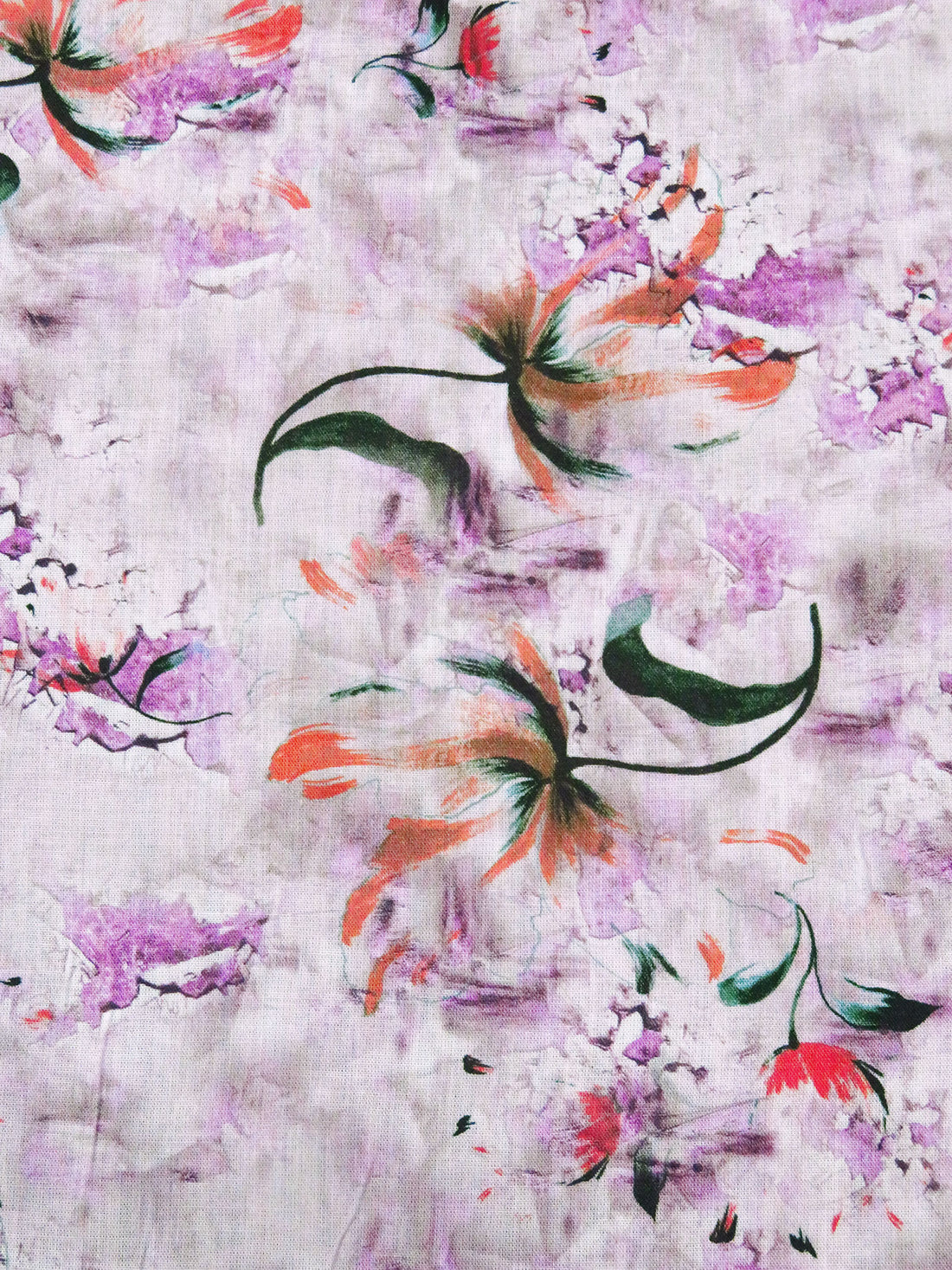 Light Orchid/Dark Green/Coral Red/Multi 100% Rayon Abstract Floral Print Challis 57W