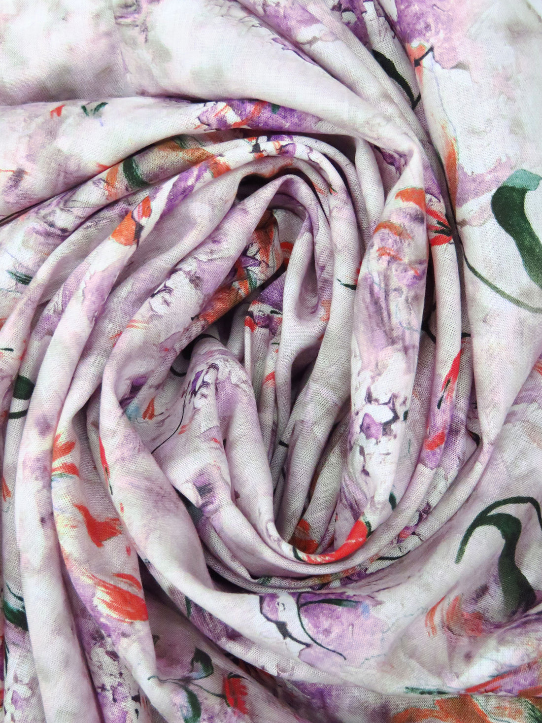 Light Orchid/Dark Green/Coral Red/Multi 100% Rayon Abstract Floral Print Challis 57W