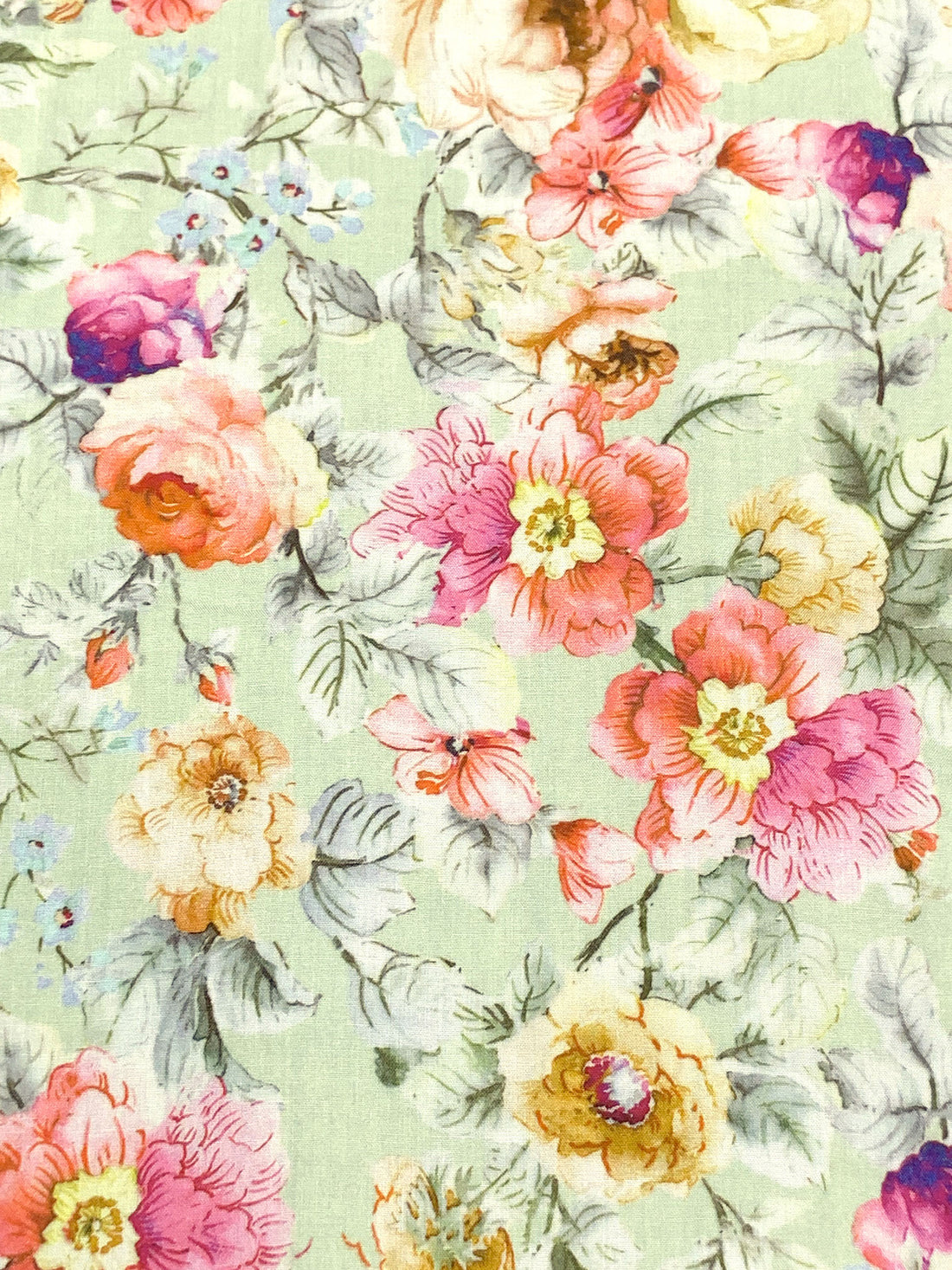 Tea Green/Pale Pink/Multi 100% Rayon Floral Print Challis 57W