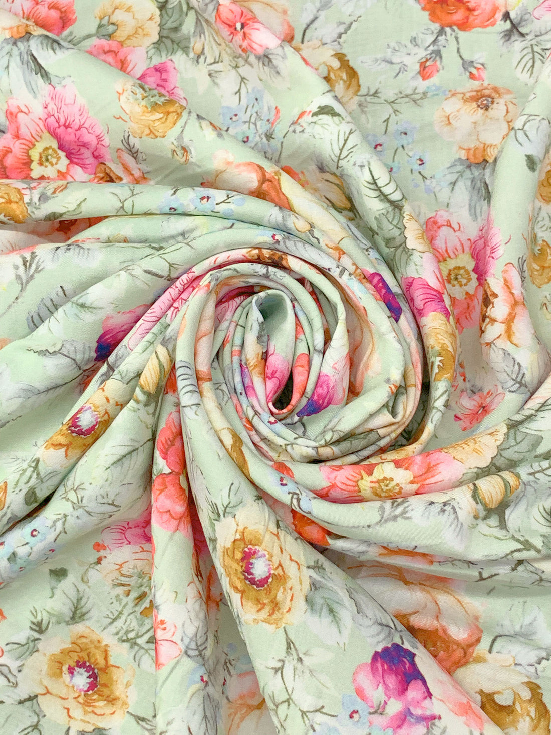 Tea Green/Pale Pink/Multi 100% Rayon Floral Print Challis 57W
