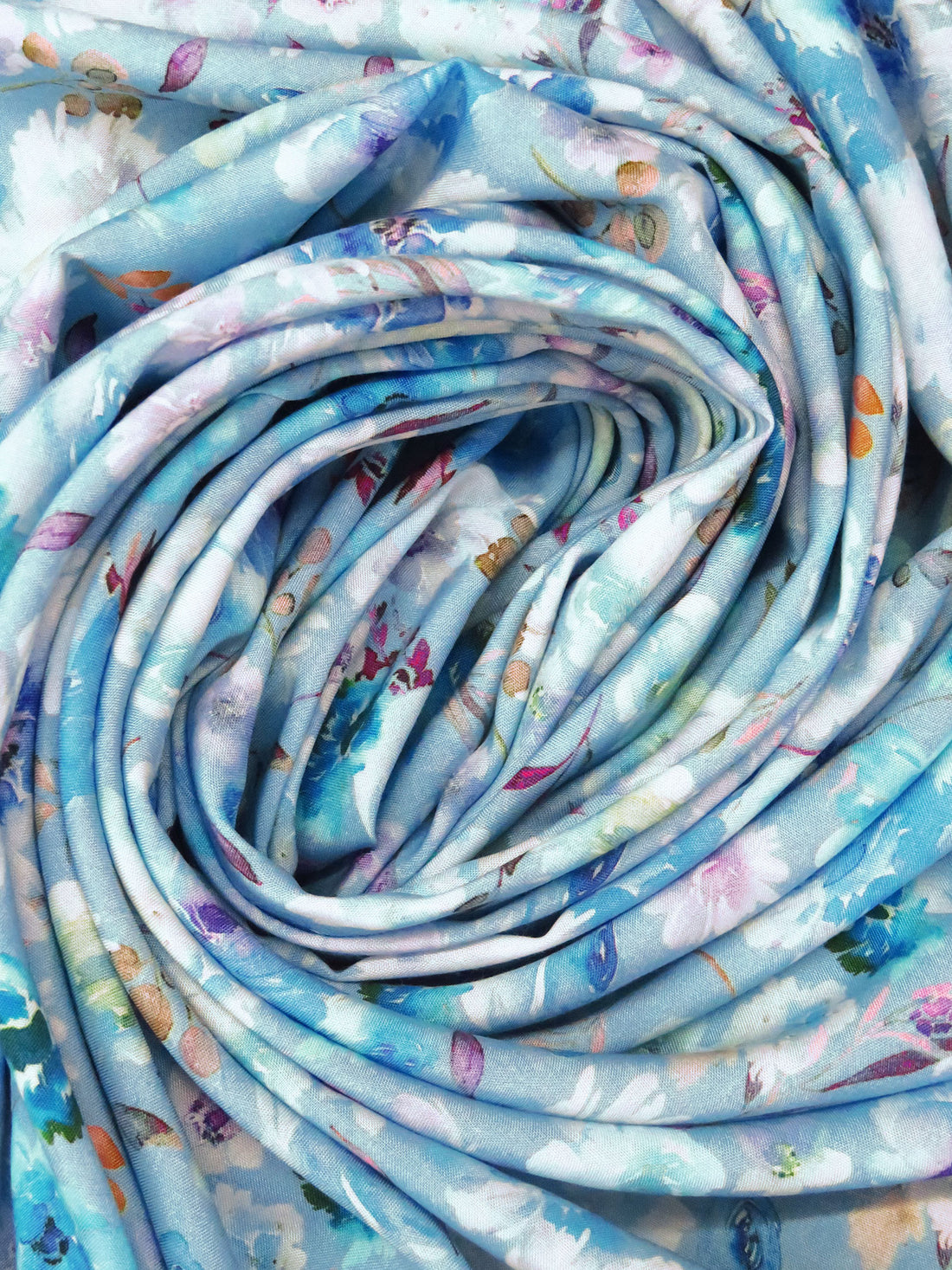 Sky Blue/Dark Purple/Pacific Blue/Multi 100% Rayon Artistic Floral Print Challis 56W