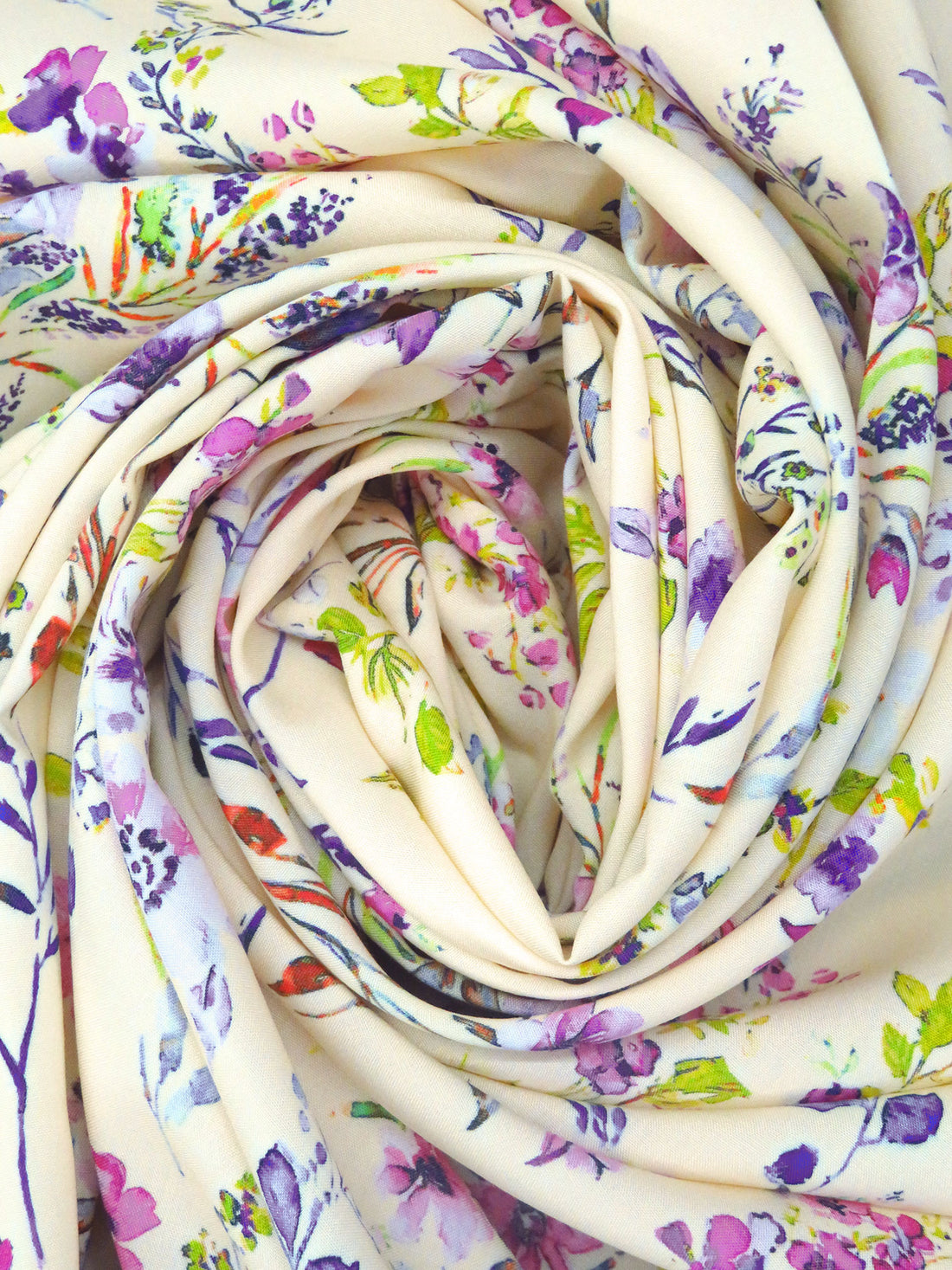 Champagne/Dark Lavender/Mulberry/Multi 100% Rayon Spring Floral Stems Print Challis 57W