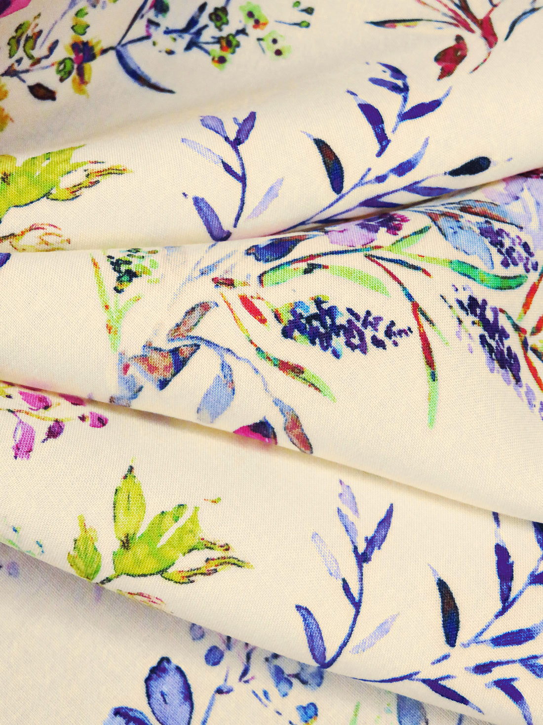 Champagne/Dark Lavender/Mulberry/Multi 100% Rayon Spring Floral Stems Print Challis 57W