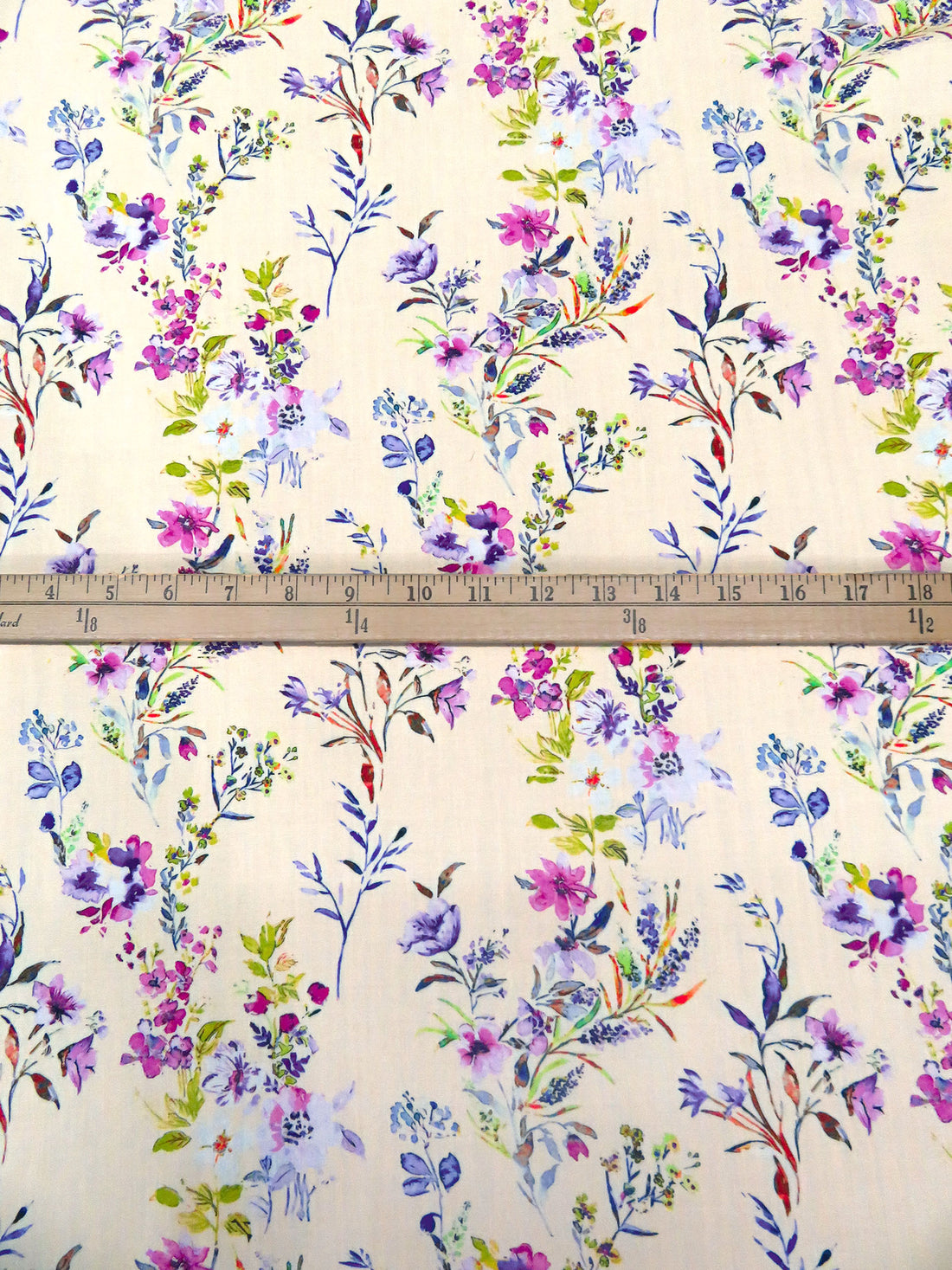 Champagne/Dark Lavender/Mulberry/Multi 100% Rayon Spring Floral Stems Print Challis 57W