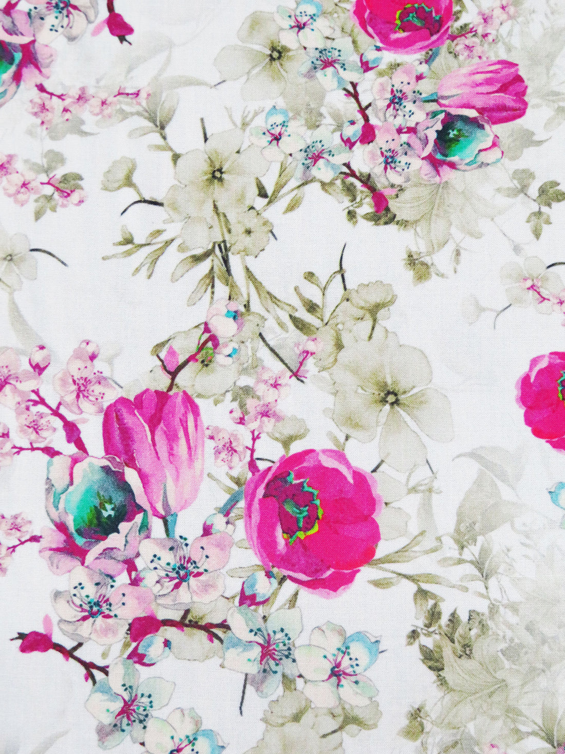 White/Muted Olive/Raspberry/Multi 100% Rayon Floral Print Challis 58W