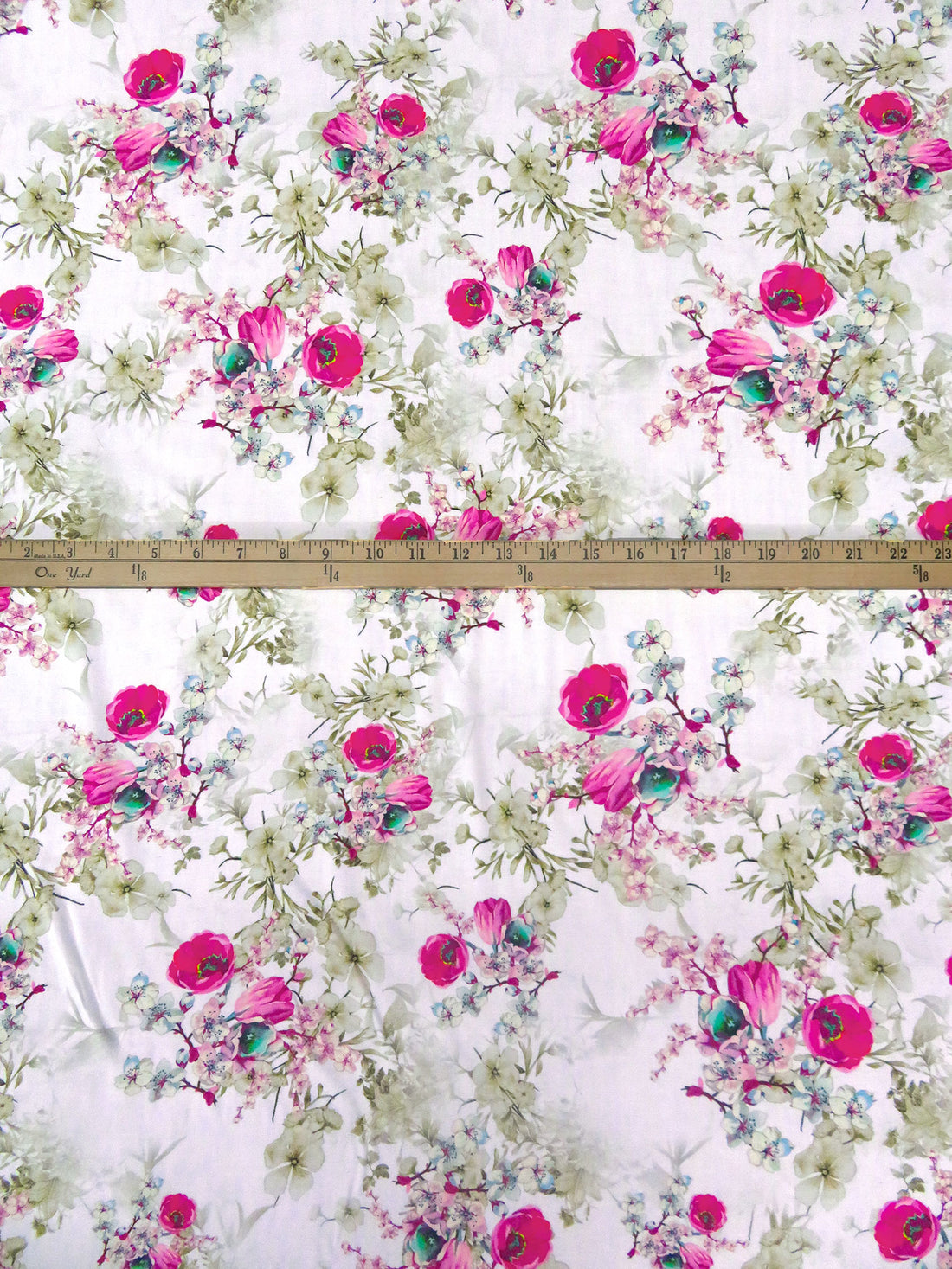 White/Muted Olive/Raspberry/Multi 100% Rayon Floral Print Challis 58W