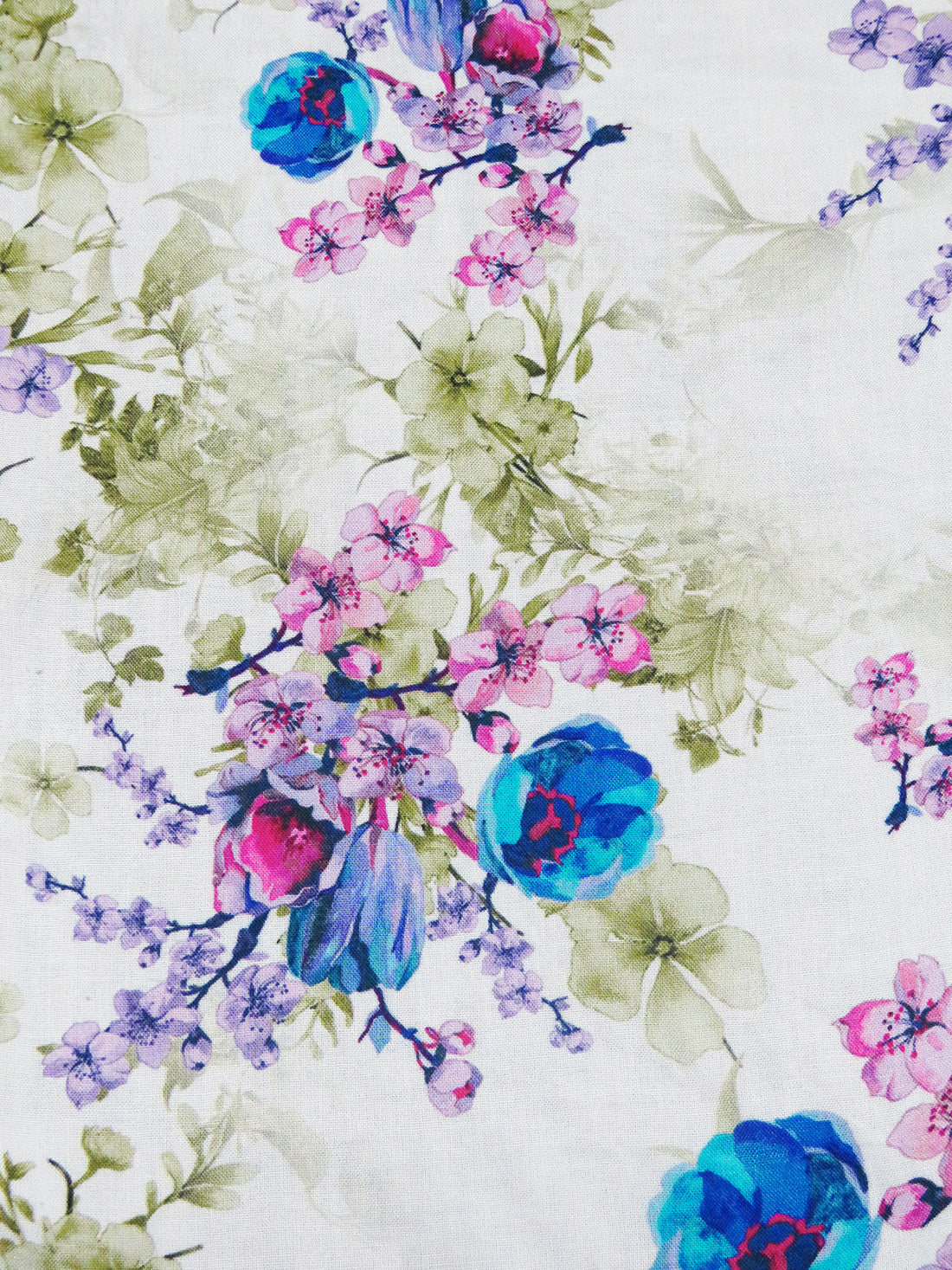 White/Muted Olive/Pacific Blue/Multi 100% Rayon Floral Print Challis 58W