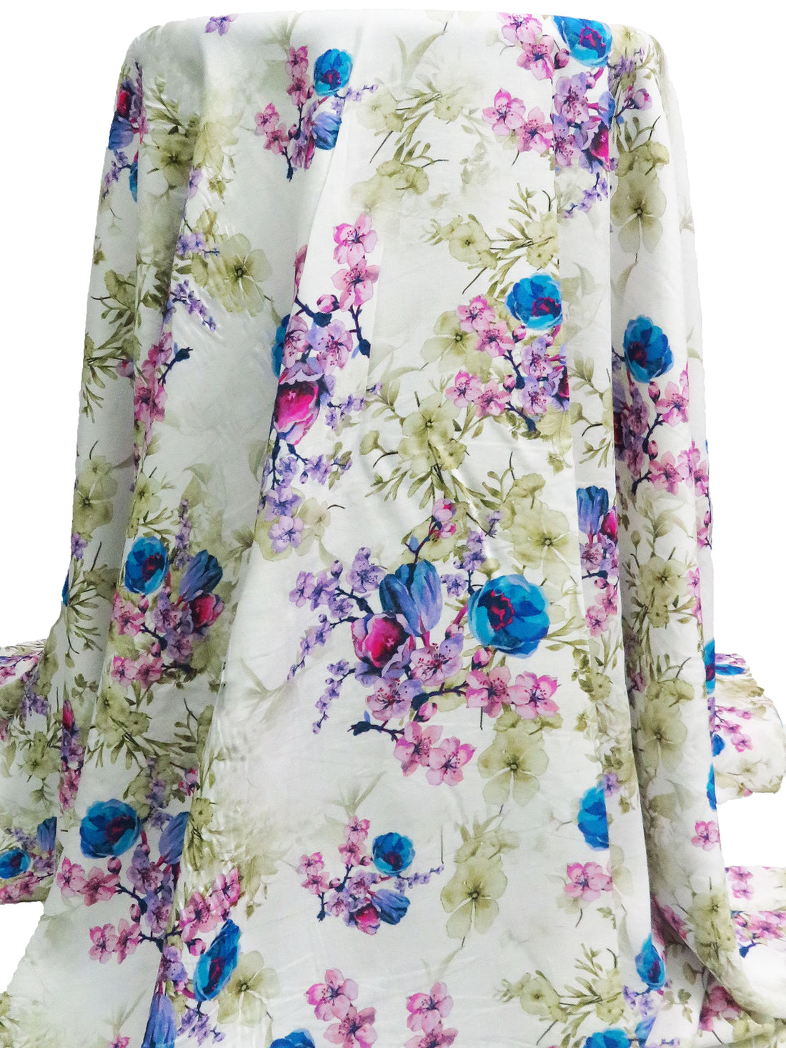 White/Muted Olive/Pacific Blue/Multi 100% Rayon Floral Print Challis 58W