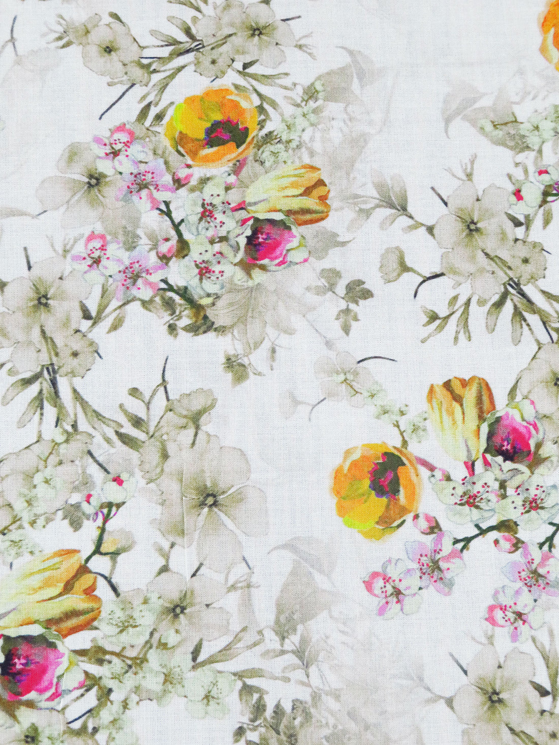 White/Muted Olive/Marigold/Multi 100% Rayon Floral Print Voile 58W