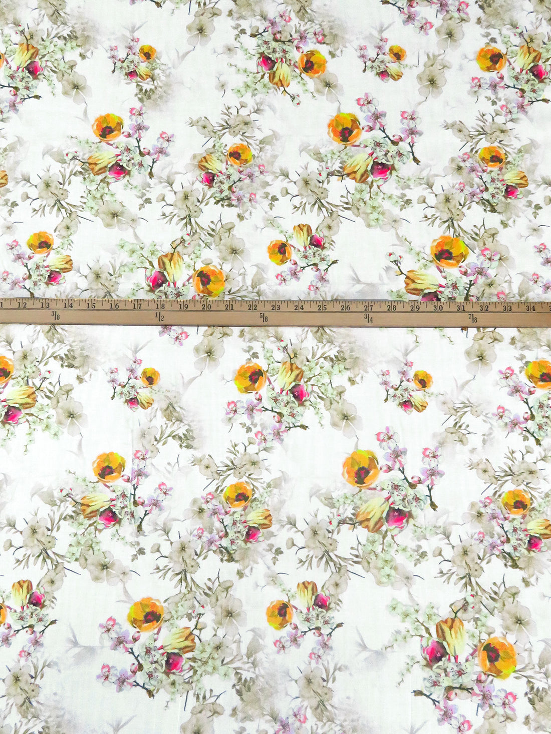 White/Muted Olive/Marigold/Multi 100% Rayon Floral Print Voile 58W