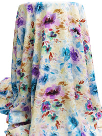 Peach Yellow/Pacific Blue/Purple/Multi 100% Rayon Artistic Floral Print Challis 57W