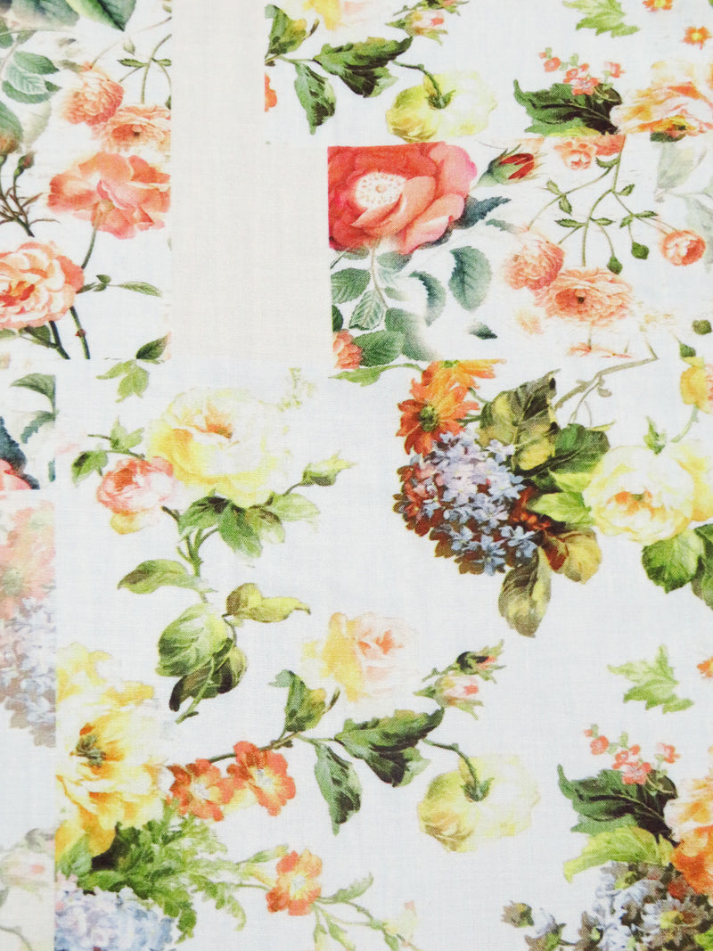 White/Dark Salmon/Lemon/Multi 100% Rayon Floral Patchwork Print Challi ...