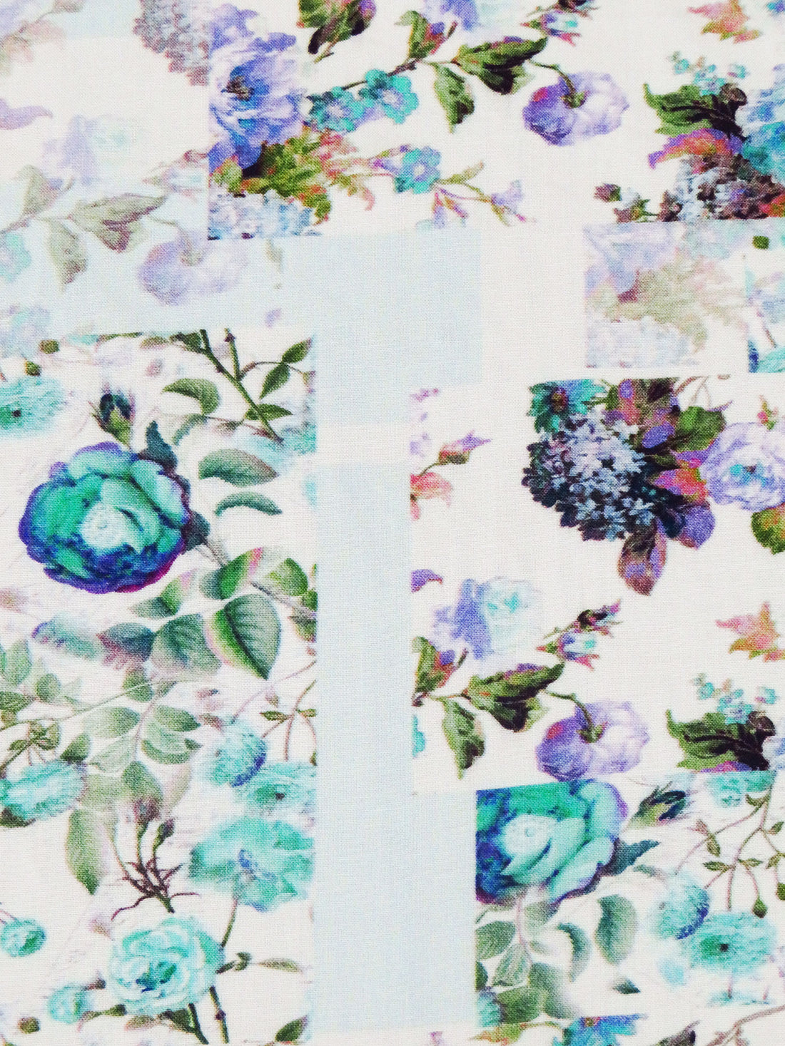 White/Blue Bell/Turquoise/Multi 100% Rayon Floral Patchwork Print Challis 58W