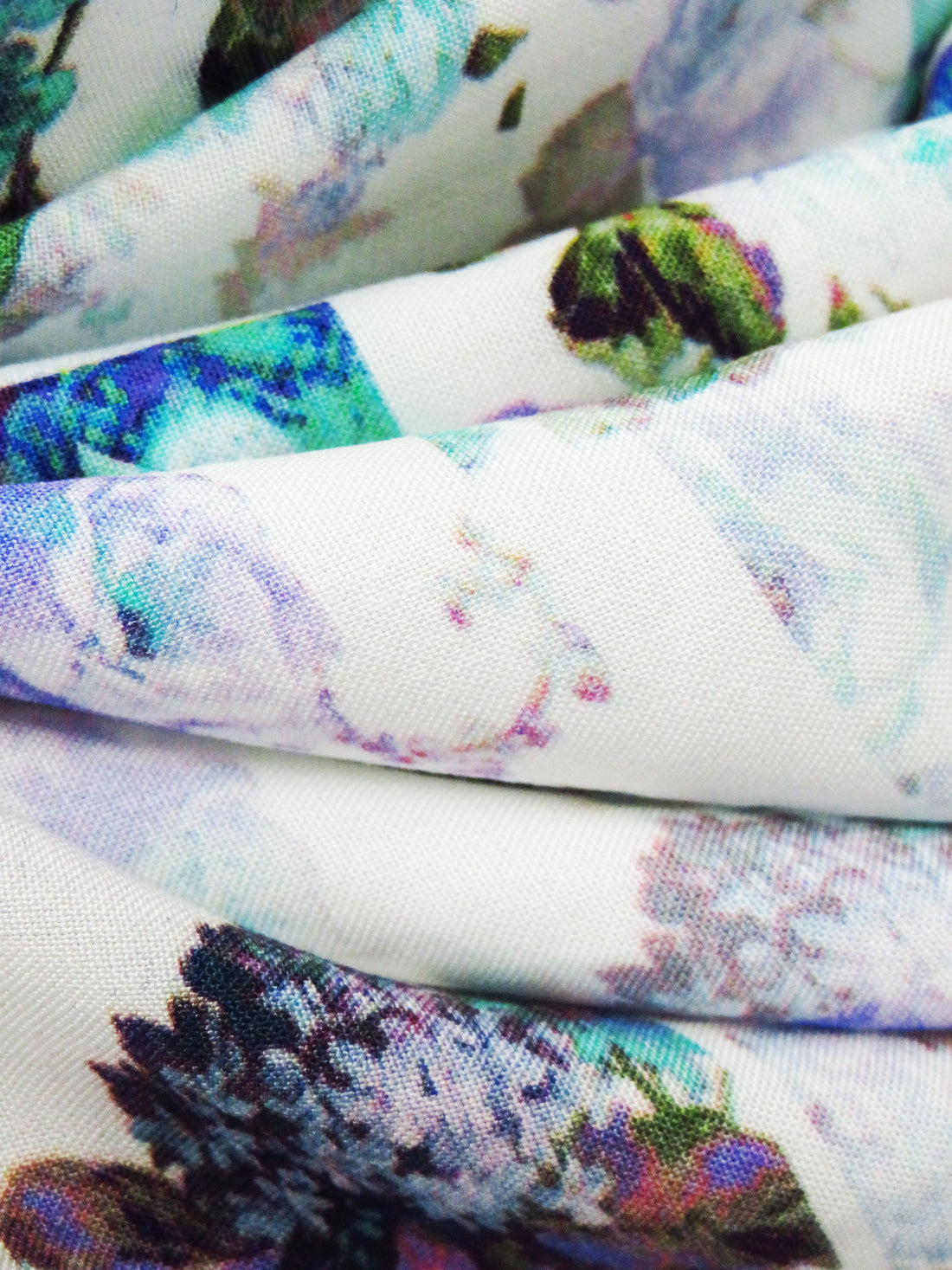 White/Blue Bell/Turquoise/Multi 100% Rayon Floral Patchwork Print Challis 58W