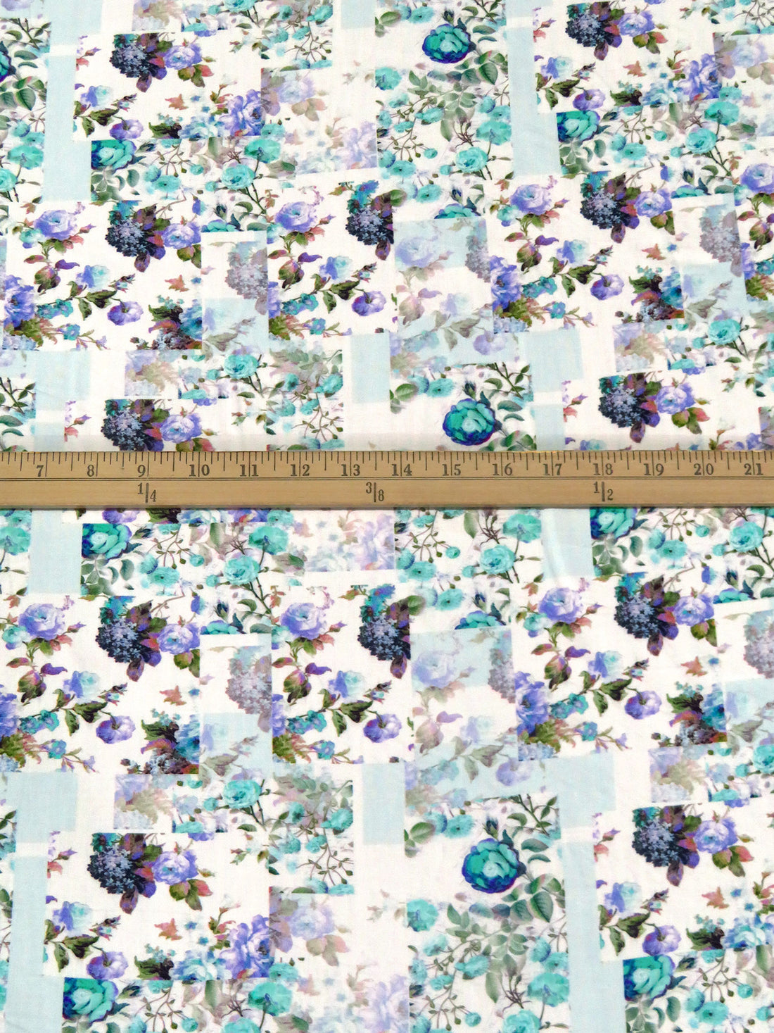 White/Blue Bell/Turquoise/Multi 100% Rayon Floral Patchwork Print Challis 58W