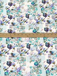 White/Blue Bell/Turquoise/Multi 100% Rayon Floral Patchwork Print Challis 58W