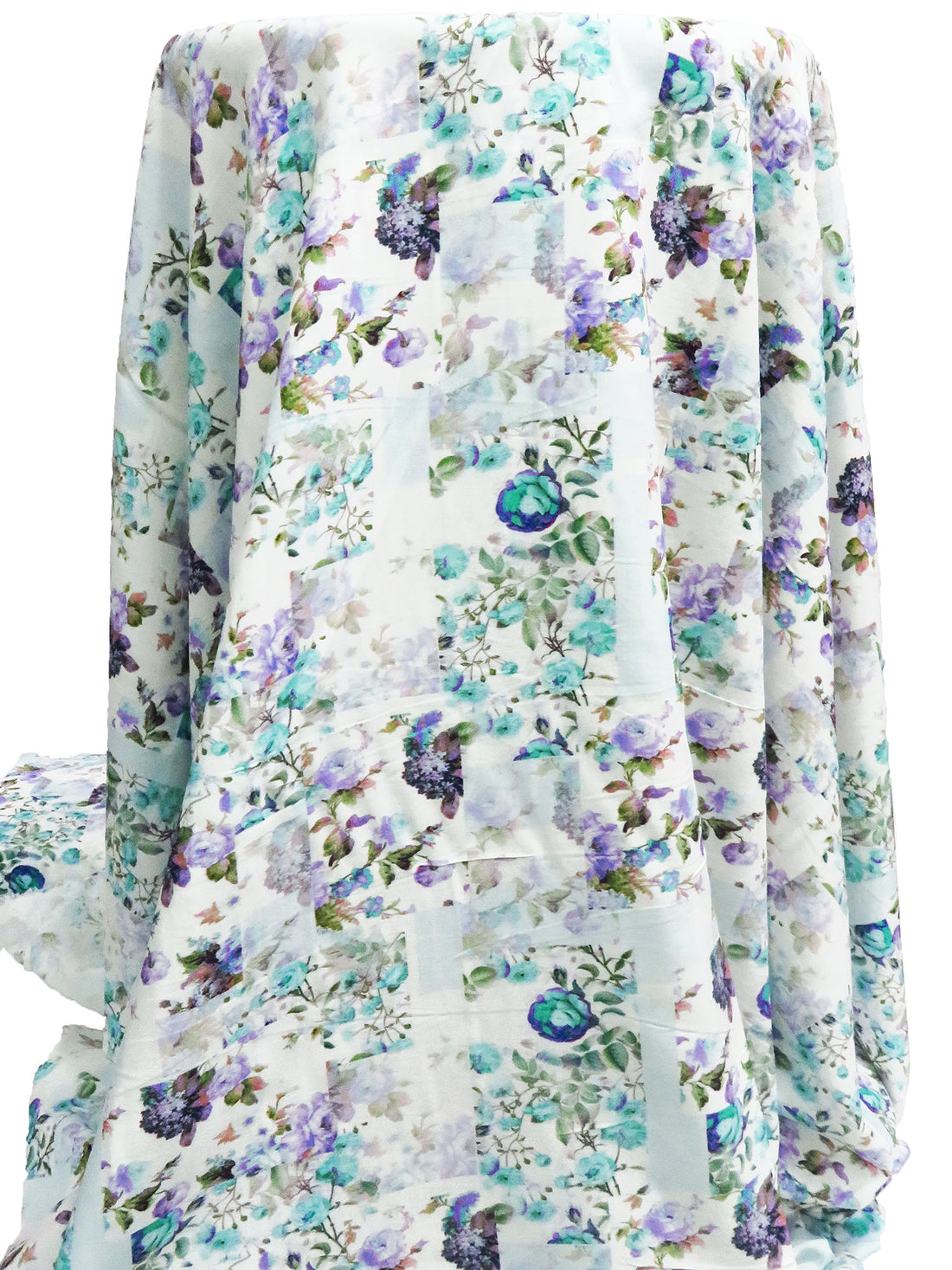 White/Blue Bell/Turquoise/Multi 100% Rayon Floral Patchwork Print Challis 58W