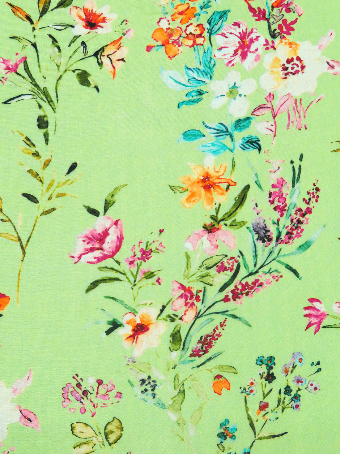 Light Green/Carrot/Turquoise/Multi 100% Rayon Wildflower Floral Stems Print Challis 57W