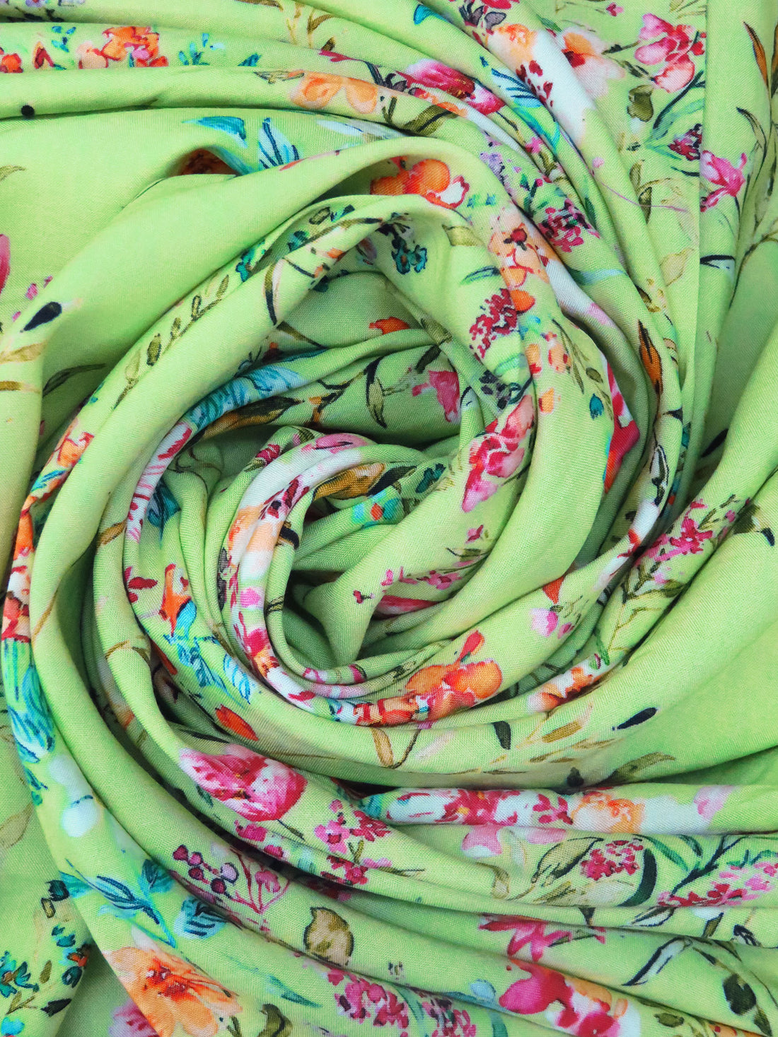 Light Green/Carrot/Turquoise/Multi 100% Rayon Wildflower Floral Stems Print Challis 57W
