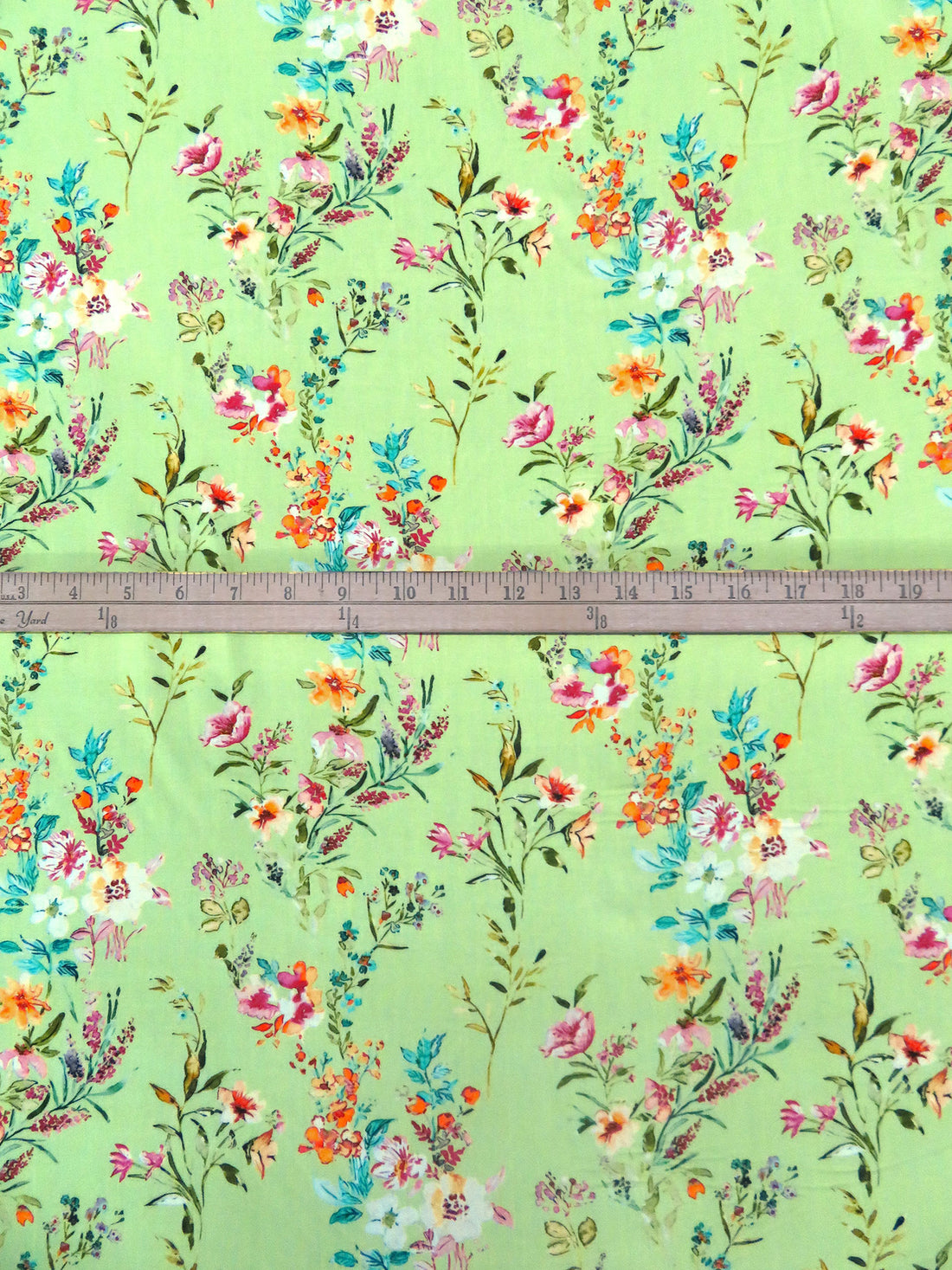 Light Green/Carrot/Turquoise/Multi 100% Rayon Wildflower Floral Stems Print Challis 57W