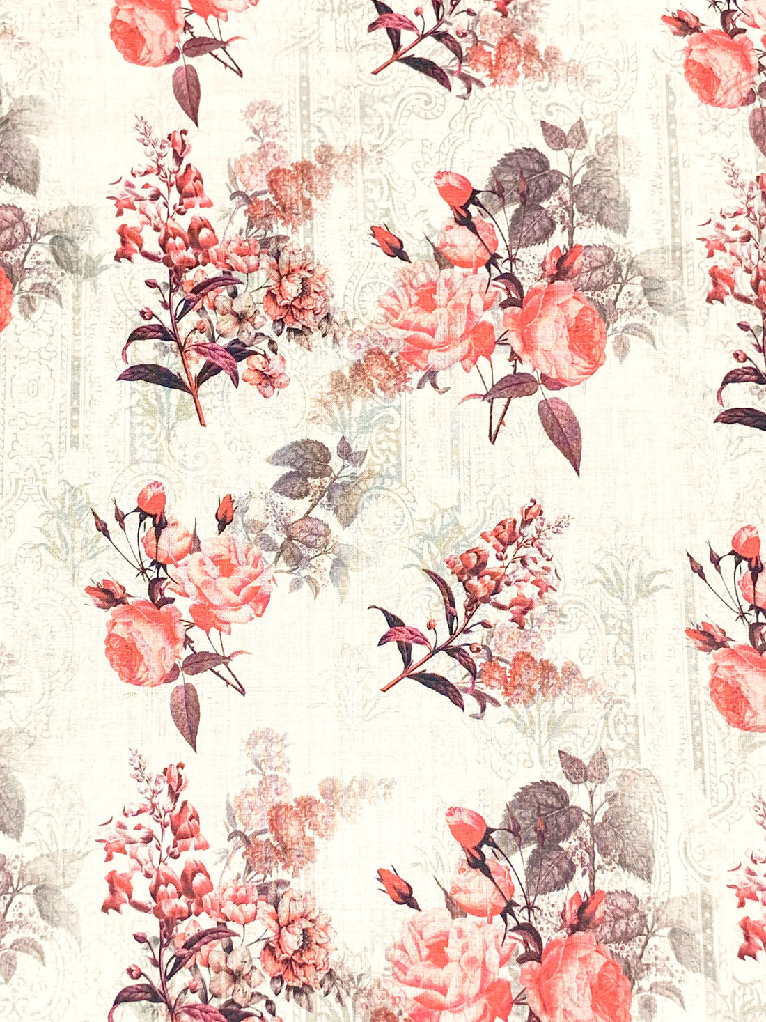 Off-White/Coral/Rose Taupe/Multi 100% Rayon Floral Over Faded Paisley Scrolls Print Challis 53W