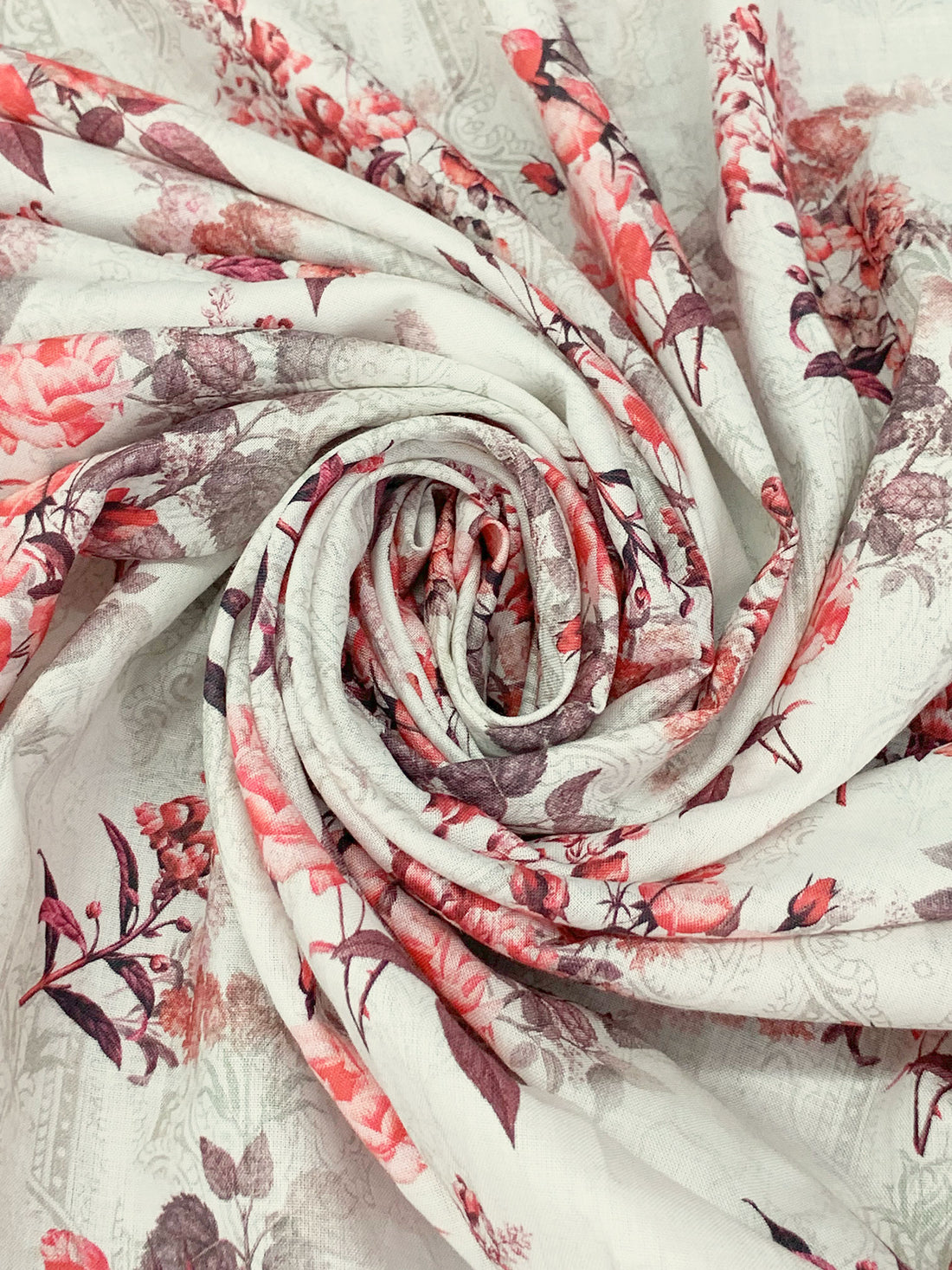 Off-White/Coral/Rose Taupe/Multi 100% Rayon Floral Over Faded Paisley Scrolls Print Challis 53W