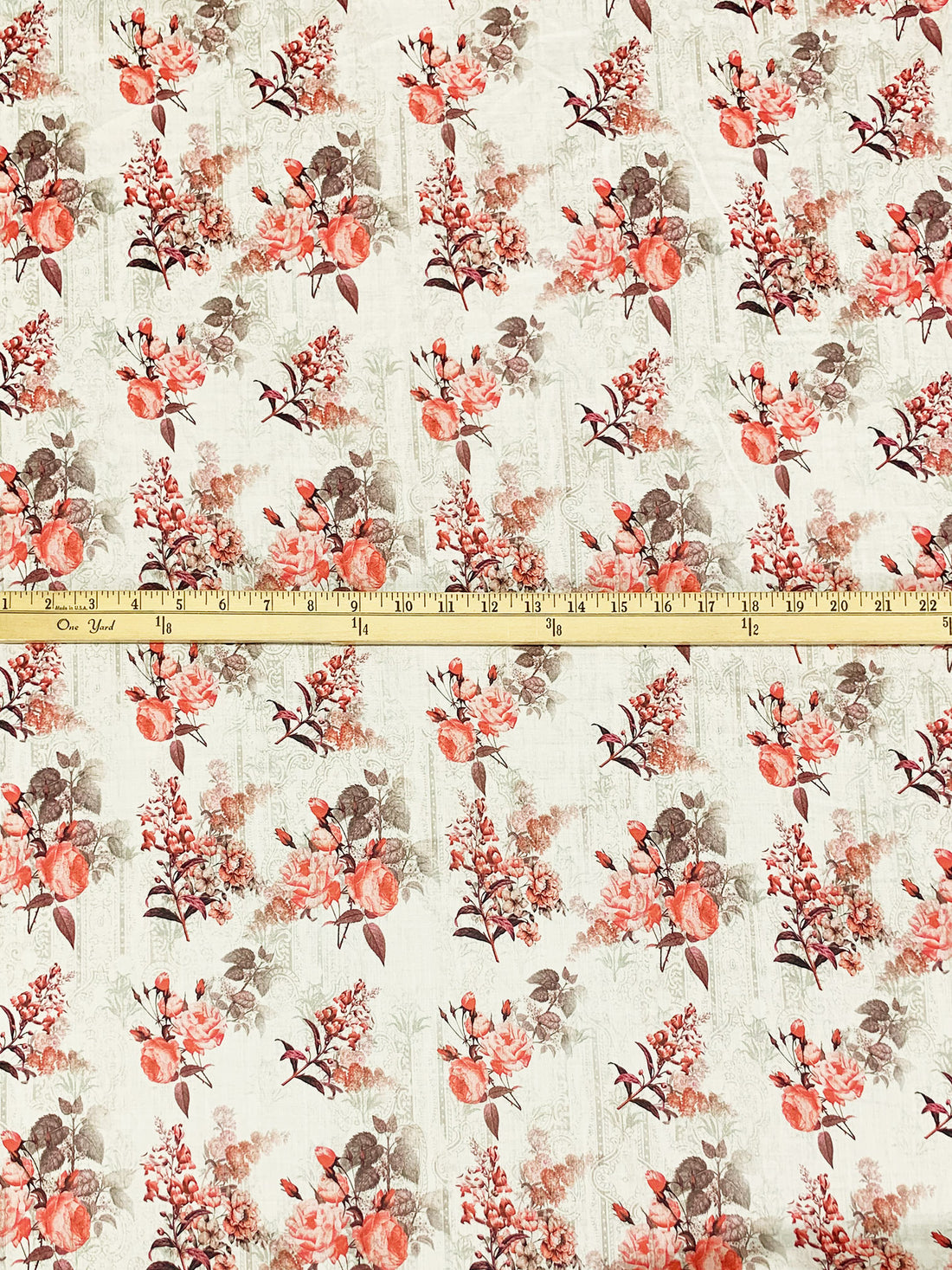 Off-White/Coral/Rose Taupe/Multi 100% Rayon Floral Over Faded Paisley Scrolls Print Challis 53W