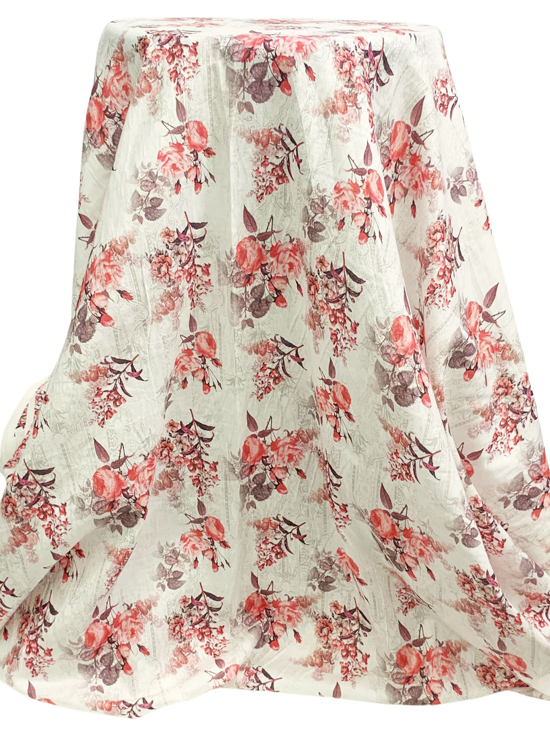 Off-White/Coral/Rose Taupe/Multi 100% Rayon Floral Over Faded Paisley Scrolls Print Challis 53W