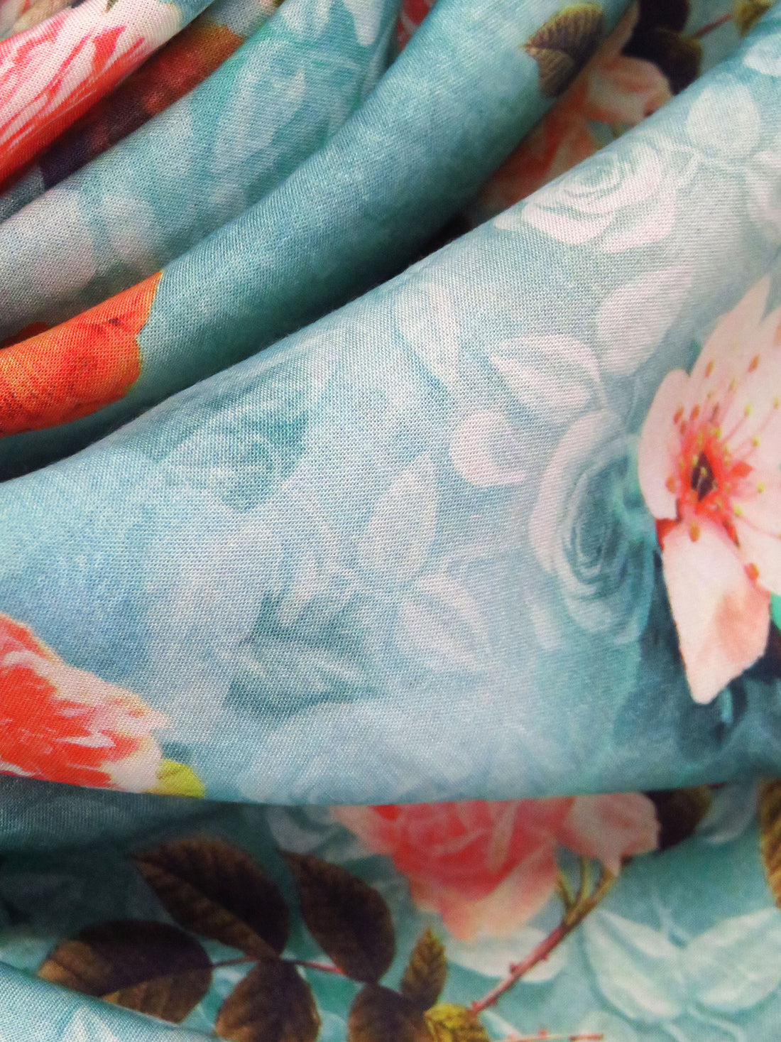 Seafoam Blue/Orange Soda/Olive/Multi 100% Cotton Floral Print Lawn 58W