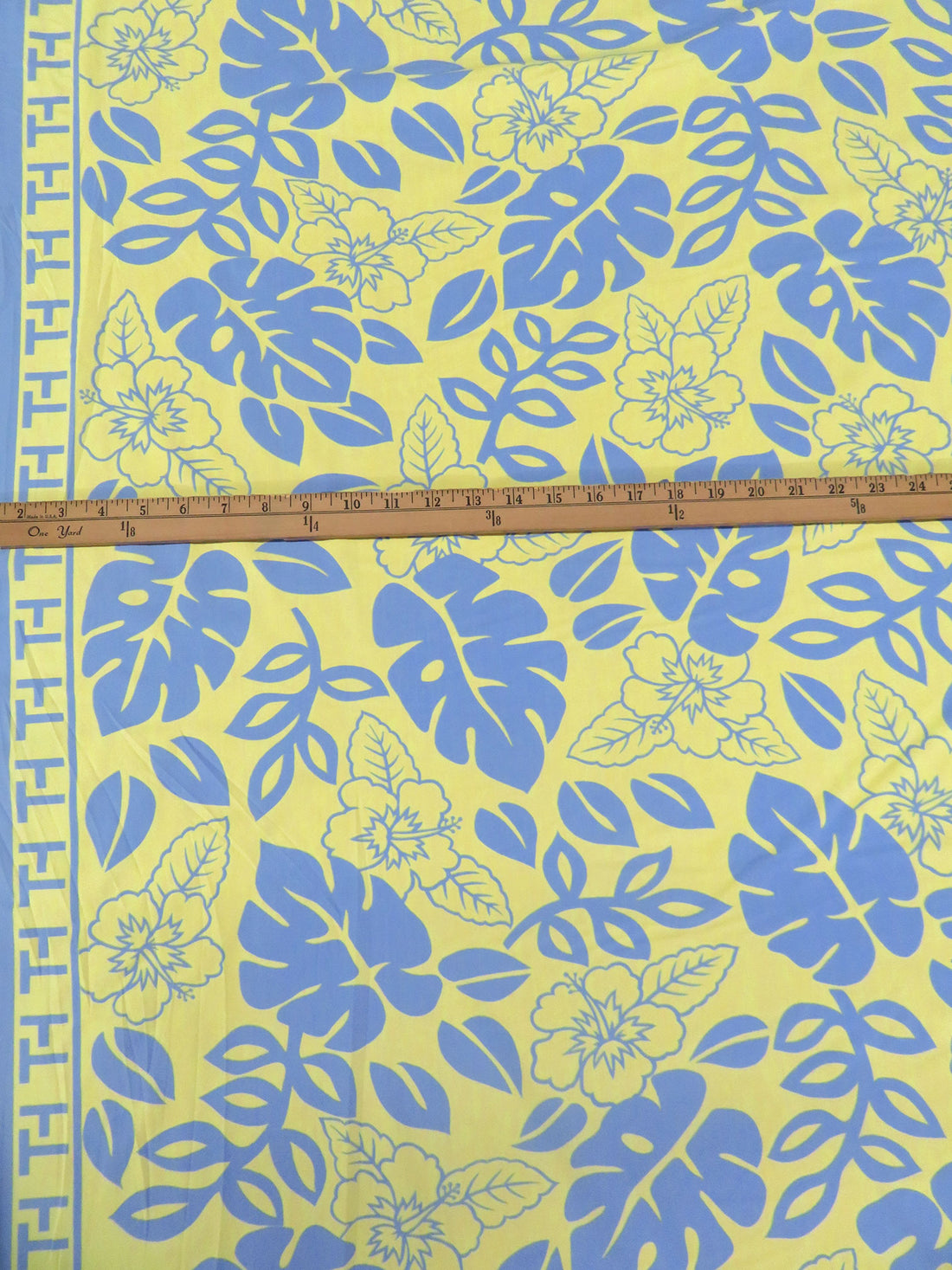 Light Straw/Vista Blue Nylon/Lycra Double Border Tropical Floral Print Swimwear Knit 56W