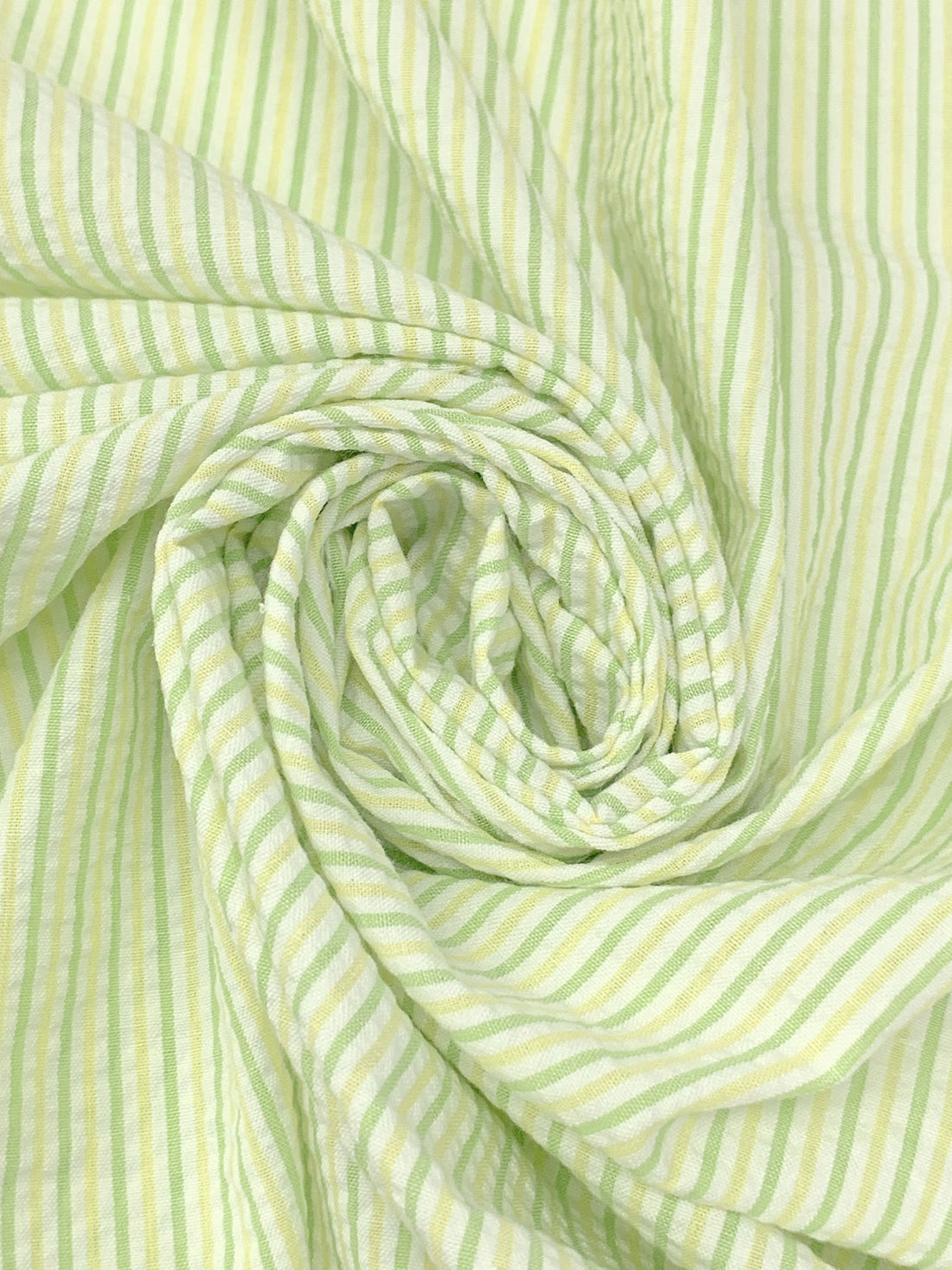 Sprout Green/Soft Yellow/White Cotton/Polyester Vertical Stripe Weave Seersucker Shirt Weight Woven - Robert Kaufman - 57W