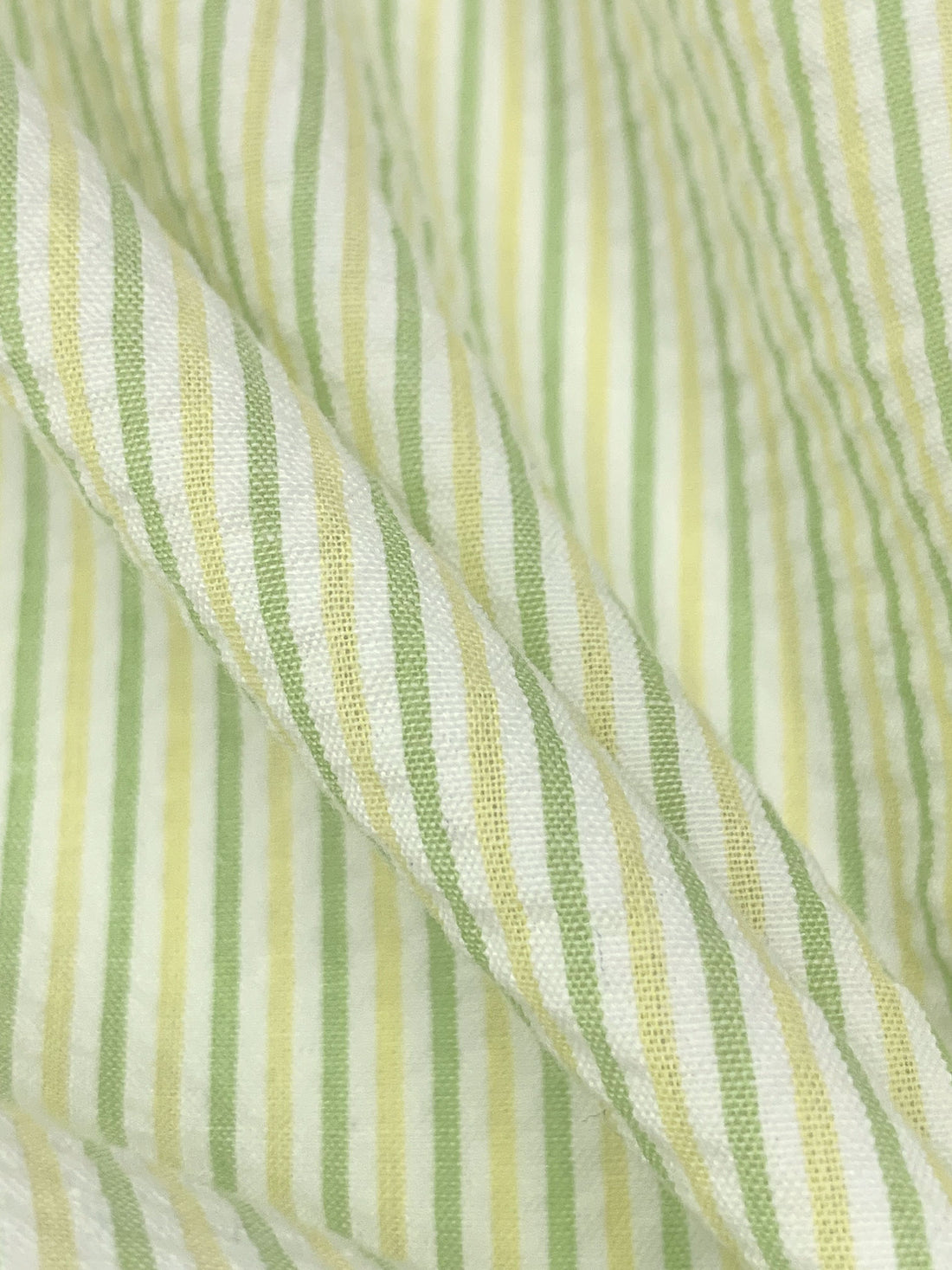 Sprout Green/Soft Yellow/White Cotton/Polyester Vertical Stripe Weave Seersucker Shirt Weight Woven - Robert Kaufman - 57W