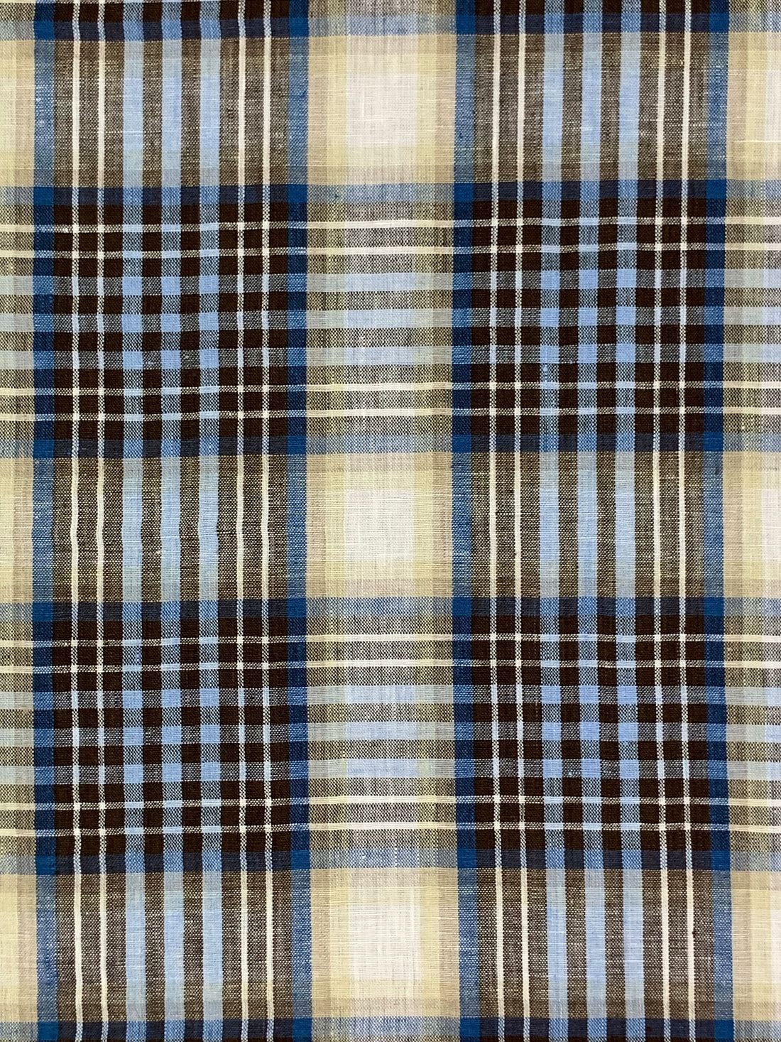 Light Cobalt Blue/Brown/Tan/White 100% Linen Yarn-Dyed Plaid Weave Shirt Weight Woven - European Mill - 59W