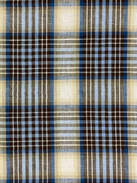 Light Cobalt Blue/Brown/Tan/White 100% Linen Yarn-Dyed Plaid Weave Shirt Weight Woven - European Mill - 59W