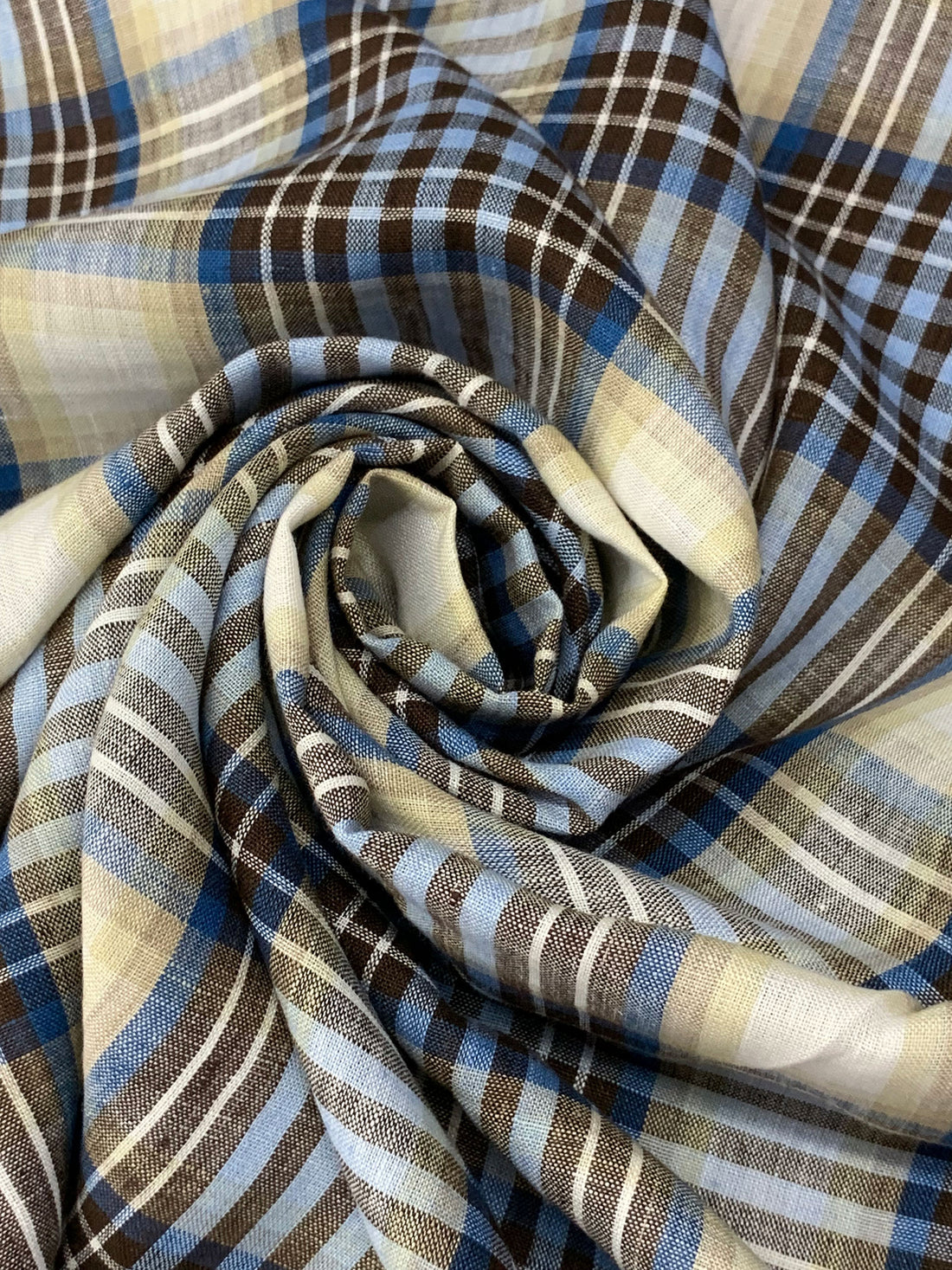 Light Cobalt Blue/Brown/Tan/White 100% Linen Yarn-Dyed Plaid Weave Shirt Weight Woven - European Mill - 59W