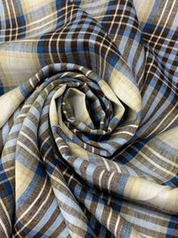 Light Cobalt Blue/Brown/Tan/White 100% Linen Yarn-Dyed Plaid Weave Shirt Weight Woven - European Mill - 59W