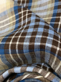 Light Cobalt Blue/Brown/Tan/White 100% Linen Yarn-Dyed Plaid Weave Shirt Weight Woven - European Mill - 59W