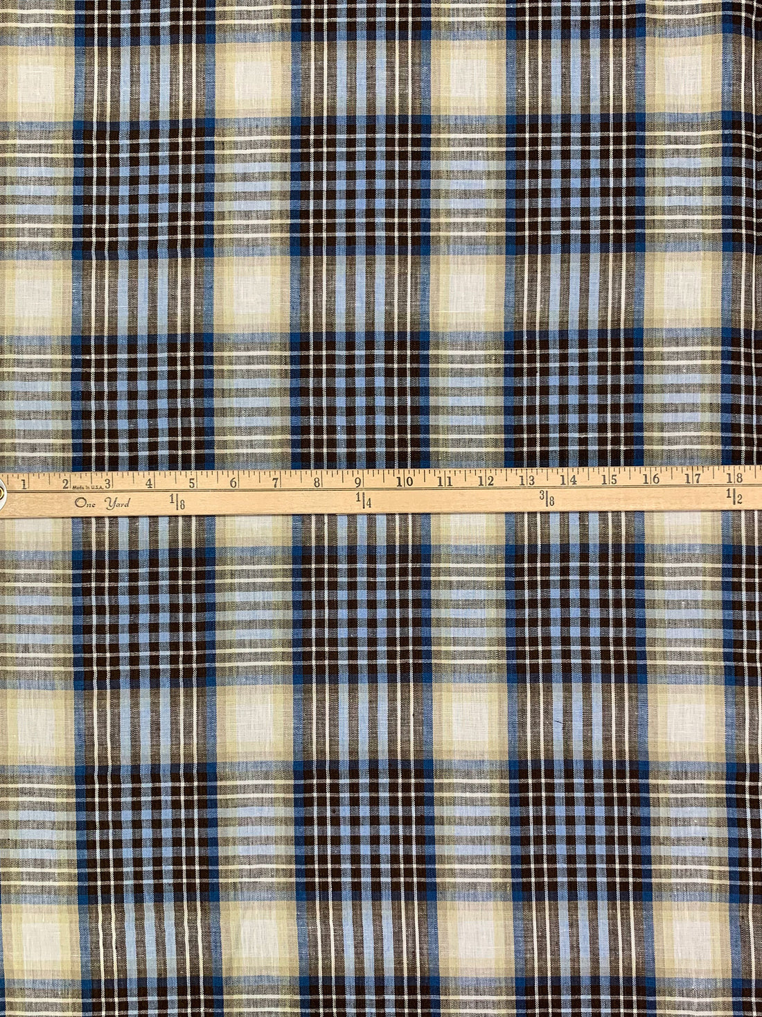 Light Cobalt Blue/Brown/Tan/White 100% Linen Yarn-Dyed Plaid Weave Shirt Weight Woven - European Mill - 59W