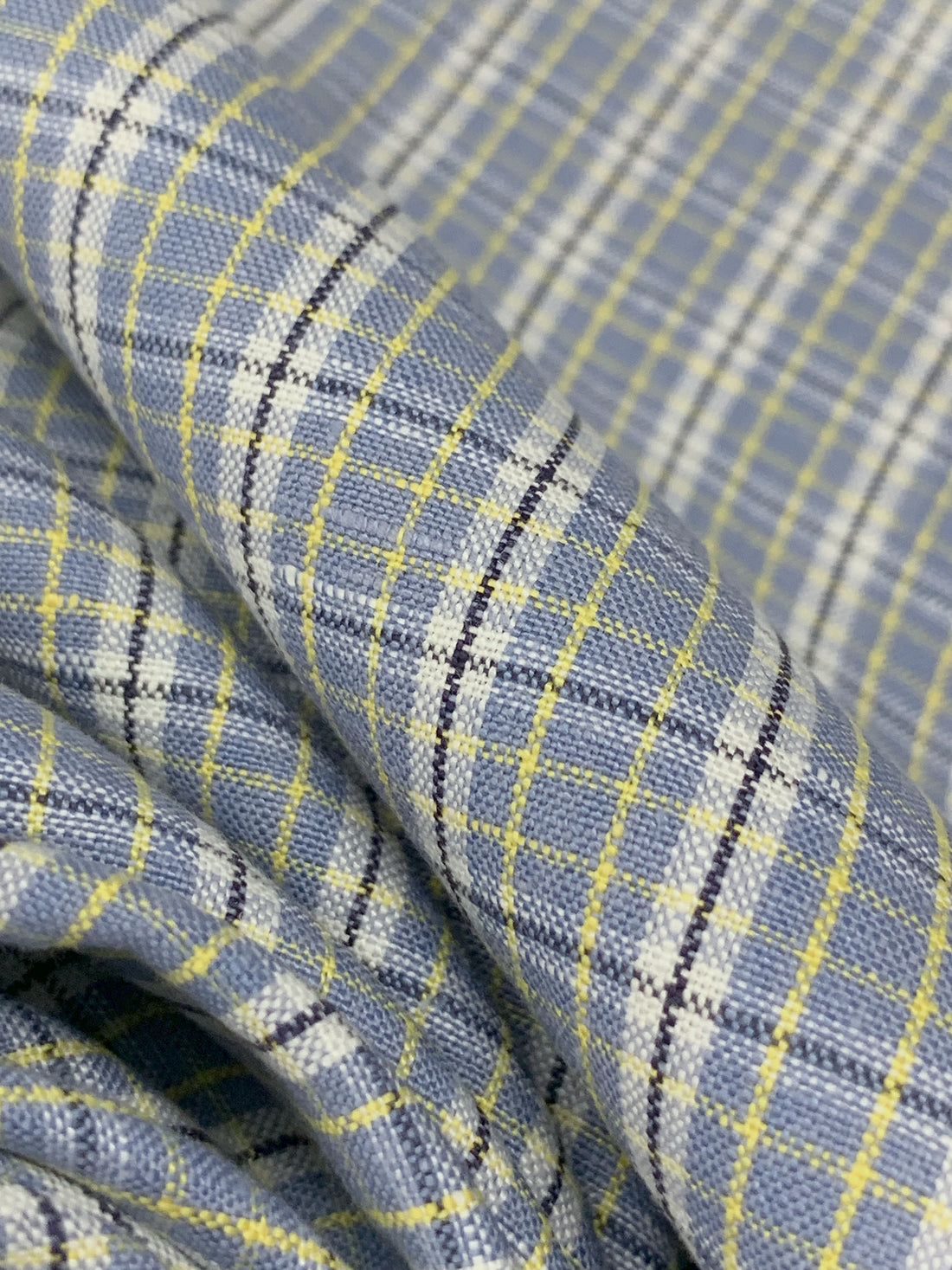 Shadow Blue/Canary/White/Dark Navy 100% Linen Yarn-Dyed Plaid Weave Shirt Weight Woven - European Mill - 58W
