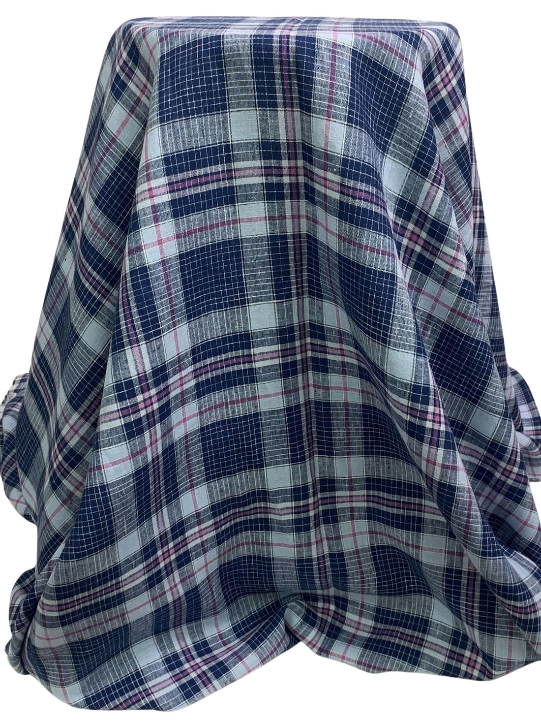 Dark Lapis Blue/Pale Cerulean/White 100% Linen Plaid Weave Shirt-Weight Woven - European Mill - 59W